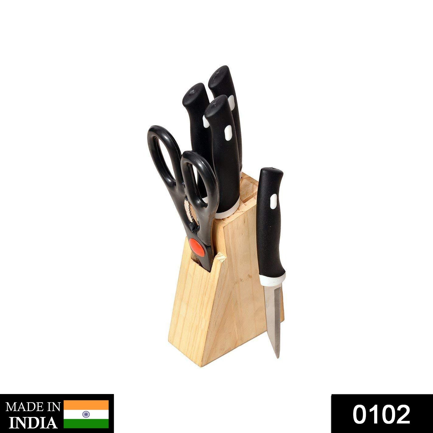 102 Kitchen Knife Set with Wooden Block and Scissors (5 pcs, Black) Eshaan Traders