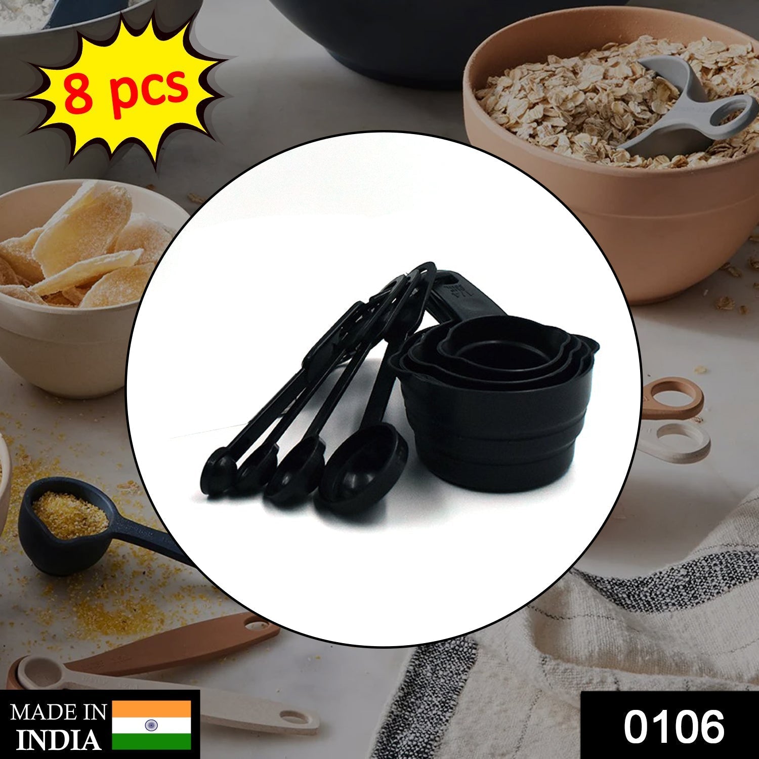 106 Plastic Measuring Cups and Spoons (8 Pcs, Black) Eshaan Traders