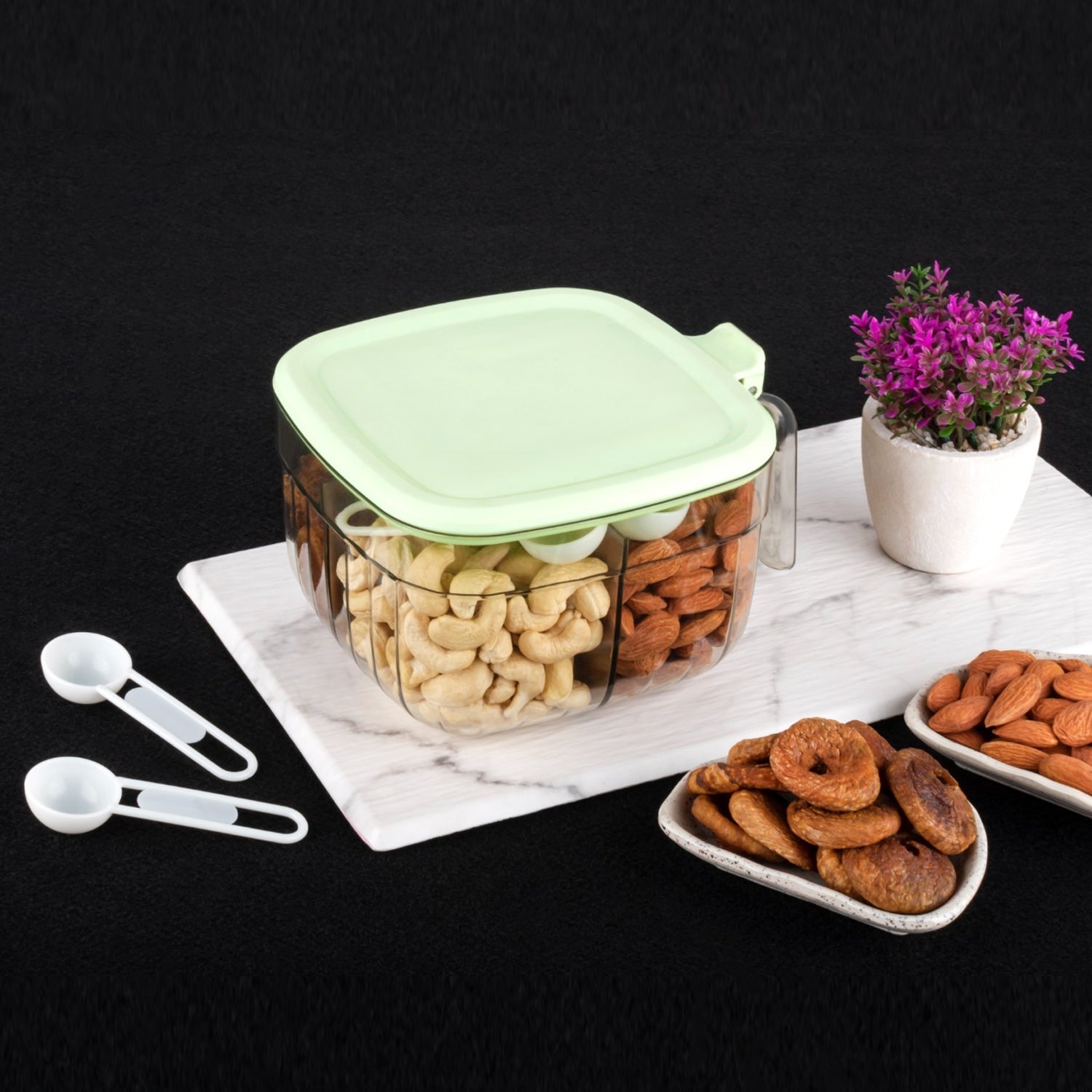 5784  Multipurpose Dry fruit Set, Chocolate, Snacks Storage Box, Masala Box  for Home and Kitchen Airtight Dry Fruit Plastic Storage Container Tray Set With Lid & 4 Compartment, 4 Spoon Container for Sweets,Chips,Cookies | (1 Pc ) Eshaan Traders