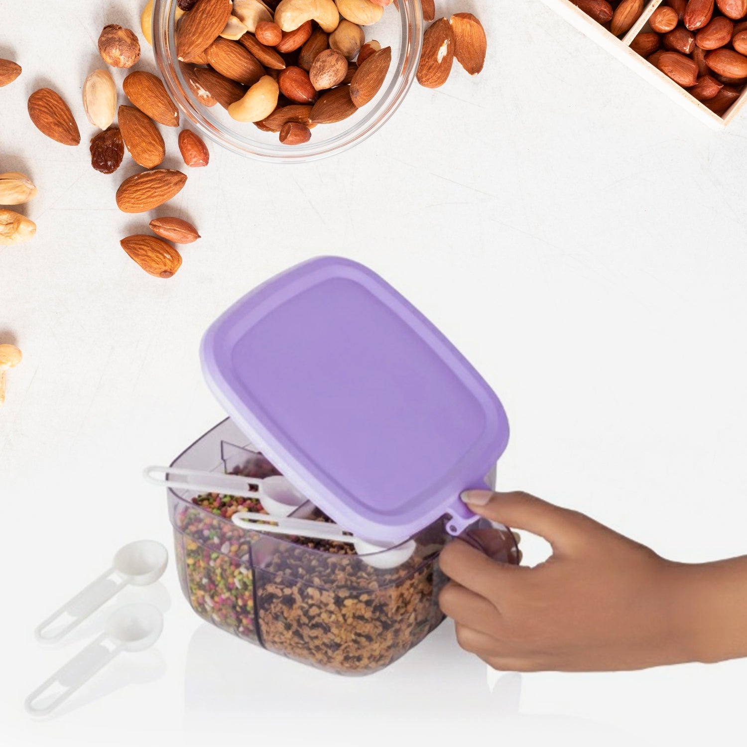 5784  Multipurpose Dry fruit Set, Chocolate, Snacks Storage Box, Masala Box  for Home and Kitchen Airtight Dry Fruit Plastic Storage Container Tray Set With Lid & 4 Compartment, 4 Spoon Container for Sweets,Chips,Cookies | (1 Pc ) Eshaan Traders