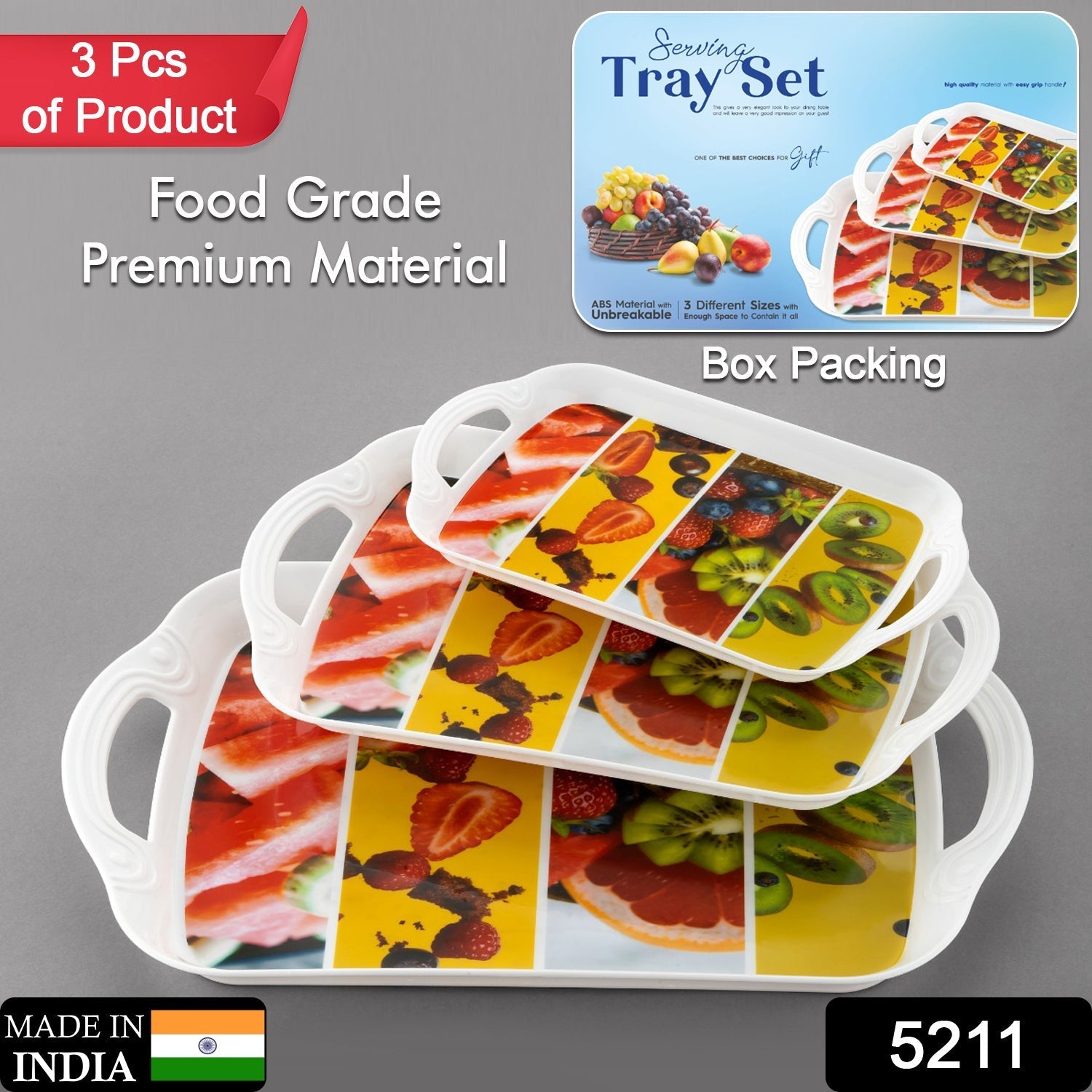 Serving Tray Set  (Pack of 3 Pcs) (Small, Medium, Large) (Multicolour) Eshaan Traders