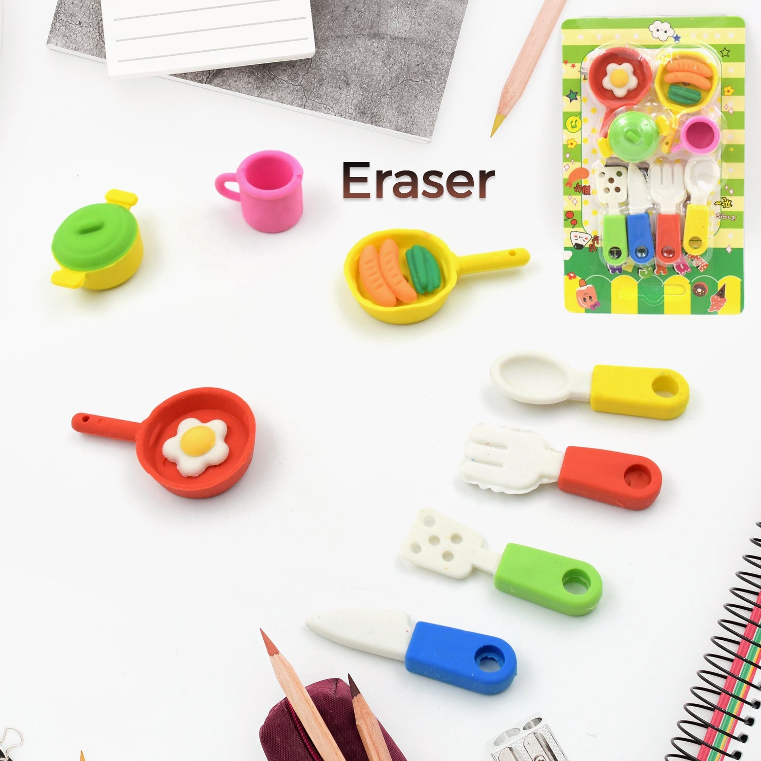 Fancy & Stylish Colorful Erasers, Mini Eraser Creative Cute Novelty Eraser for Children Different Designs Eraser Set for Return Gift, Birthday Party, School Prize, Cookware Shaped, Makeup Set Eraser (9 pc & 8 Pc Set) Eshaan Traders