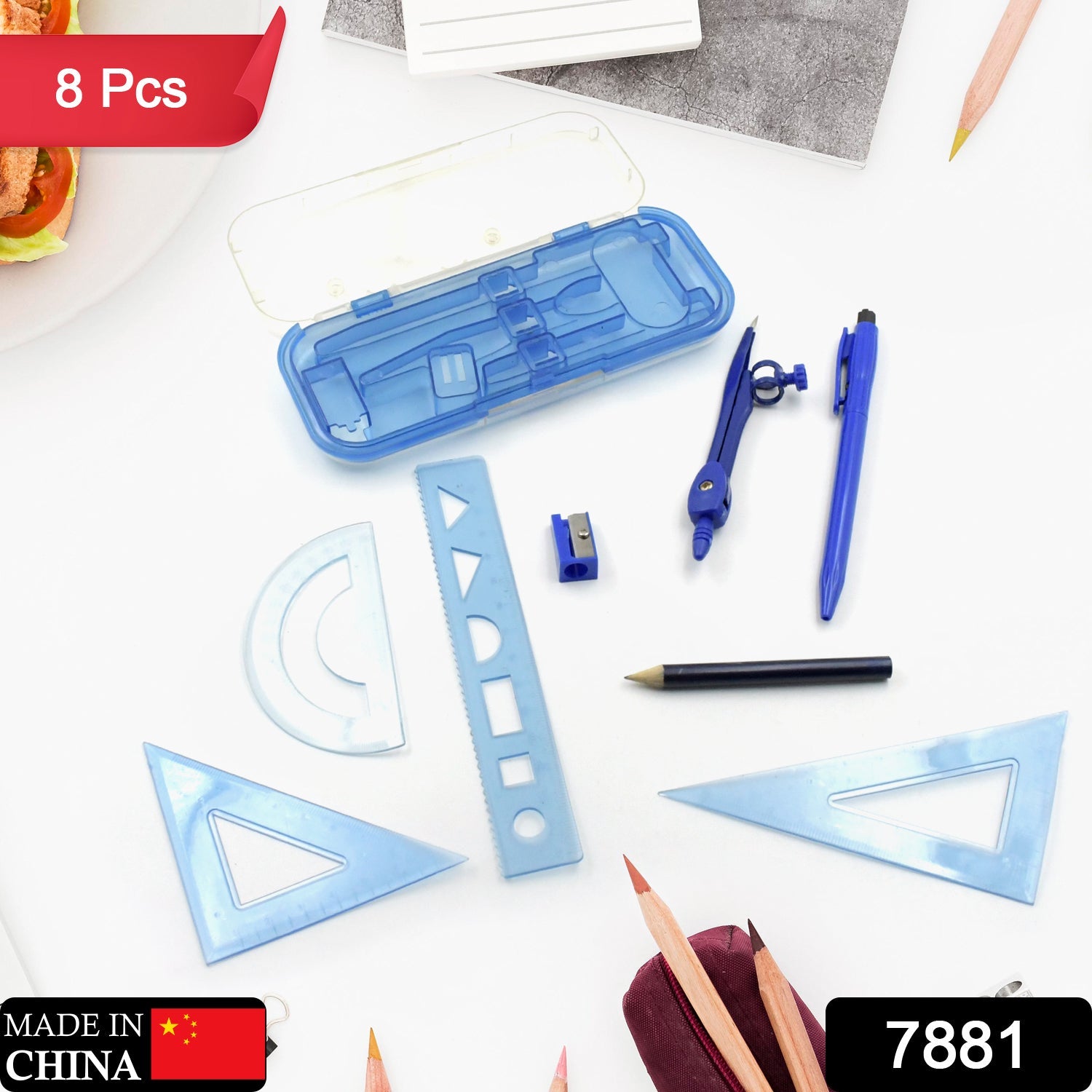 7881 Math Compass Compass Set 8-Piece Set Student Drawing Learning Stationery Ruler Triangle Plate Protractor Student Supplies. ( drawing instruments ) Eshaan Traders