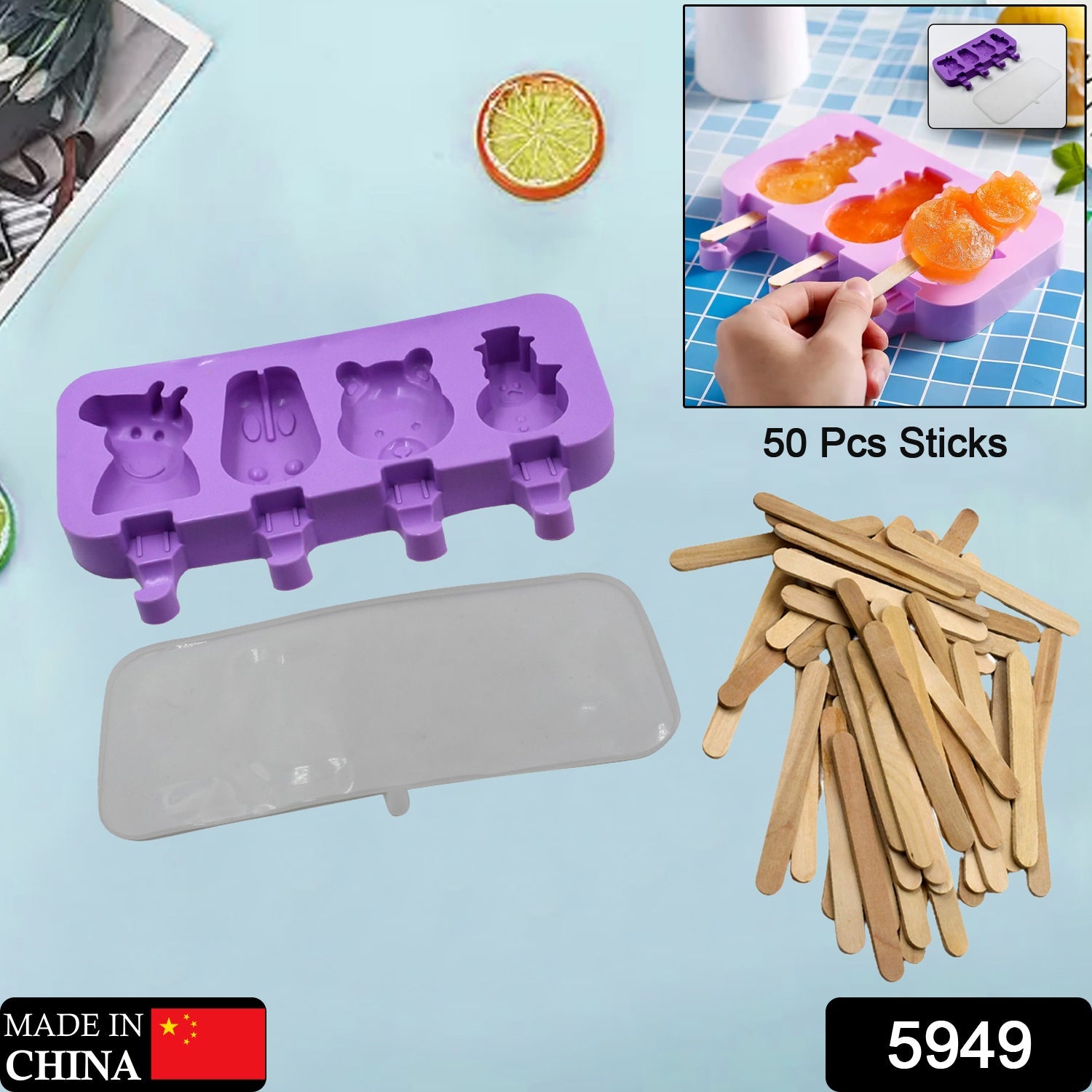 5949 Silicone Popsicle Molds Ice Cream Pop Molds 4 Cavities with Lids 50 Pack Sticks for Kids Ice cube Maker Easy Release Eshaan Traders