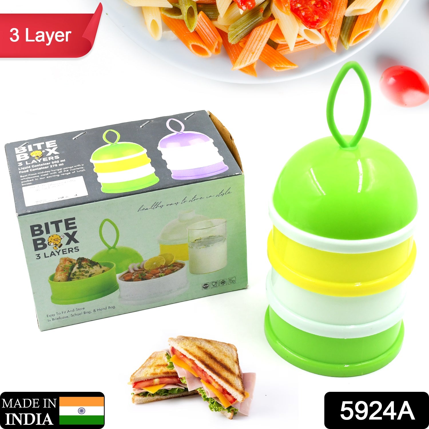 5924A  3 Layer Lunch Box Unique Design Bite Lunch Box With Liquid & Food Container Lunch Box (Green) Eshaan Traders