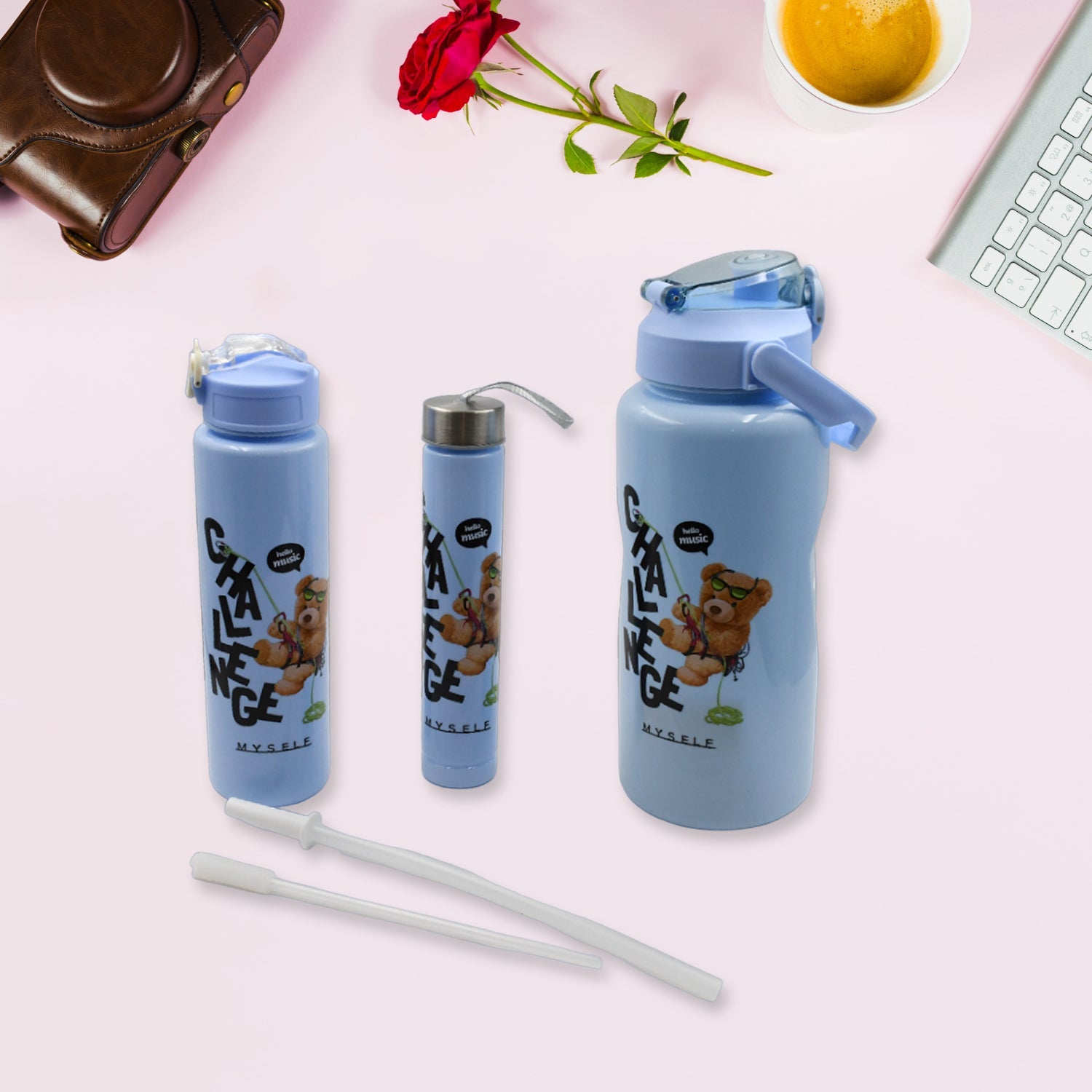 Plastic Water Bottle 3pc Set,3  Different Size Bottle High Quality Water Bottle Plastic Water Bottle BPA-Free & Leak-Proof!  Cartoon Printed Design for Kids' School, For Fridge, Office, Sports, School, Gym, Yoga (3 Pc Set) Eshaan Traders