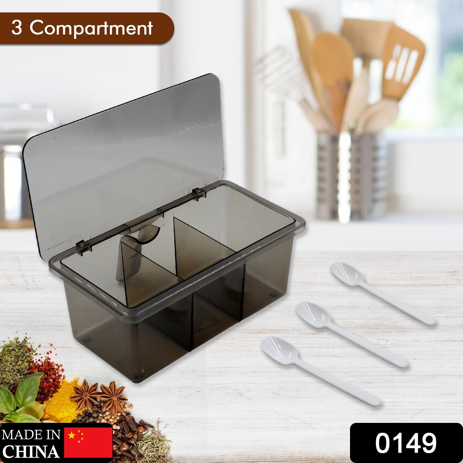 0149 Seasoning Box, Portable Durable 3 Divided Sections with Lid Spice Box Serving Set, for Bars, Restaurants Coffee Shops, Hotels Eshaan Traders