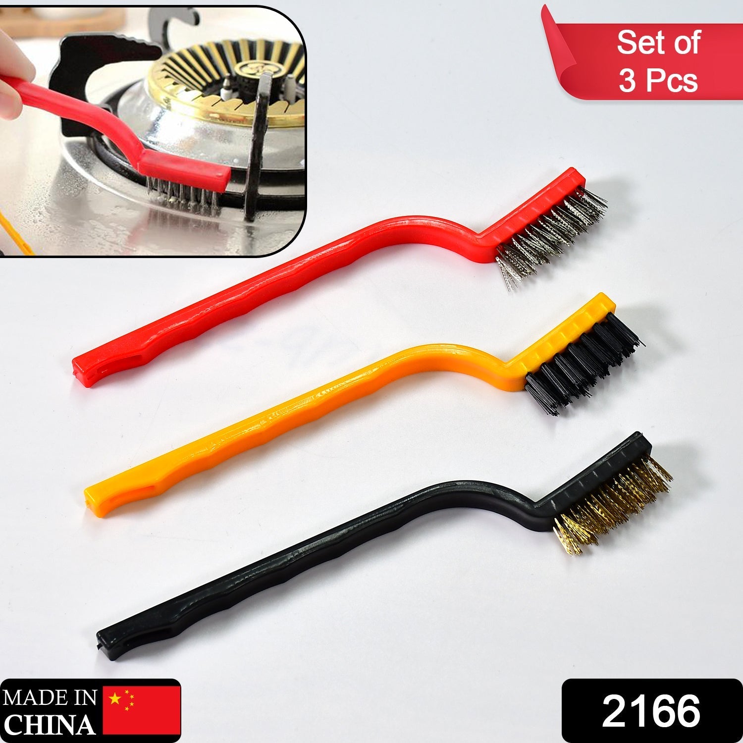 2166 3pc  Mini Wire Brush Set Brass Nylon Stainless Steel Bristles Household Cleaning Brush for Gas Stove, Smoke Machine Tool Burner Tiles Tap Rust Removal Welding Slag Dirt & Paint Scrubbing. Eshaan Traders