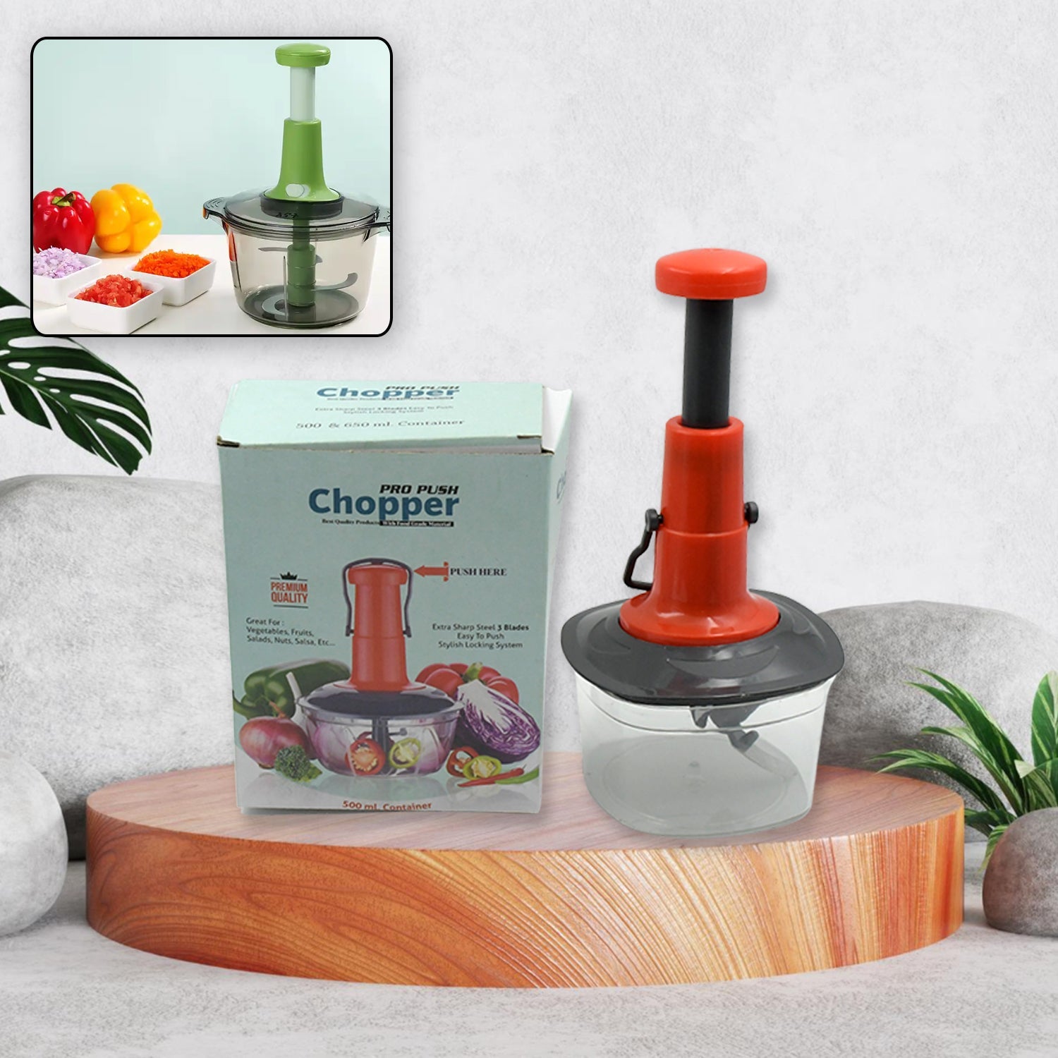 5790 Manual Press Fruit & Vegetable Chopper, with 3 Stainless Steel Blades, Anti-Slip Base, and Locking System, Cutting Chopper For Kitchen (650 ML) Eshaan Traders