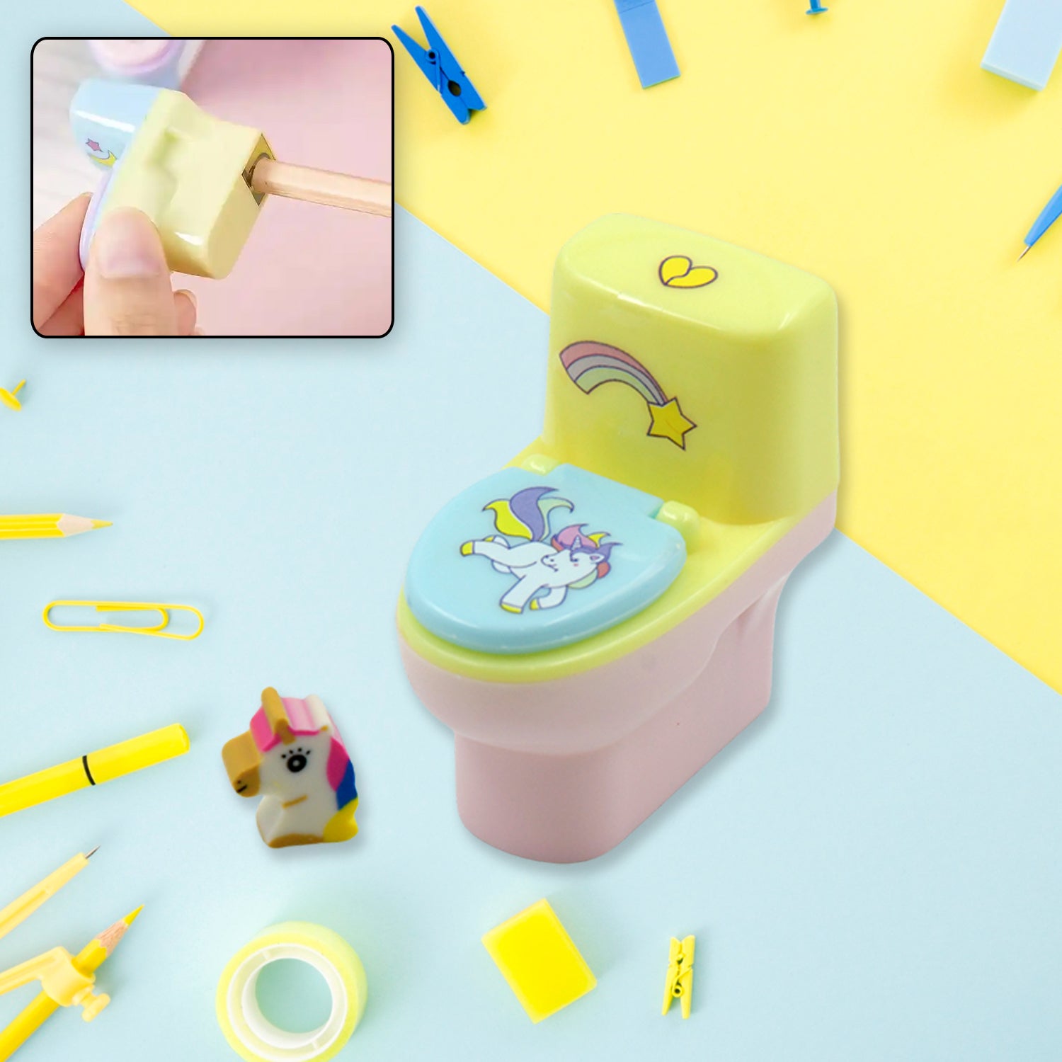 4556 Toilet Pencil Sharpener Plastic Pencil Sharpener Novelty Pencil Sharpener, Cute Cartoon, Stationery Gift, Small Toilet Shaped Sharpener with Eraser Wheel for School Kids (2 Pc Set) Eshaan Traders