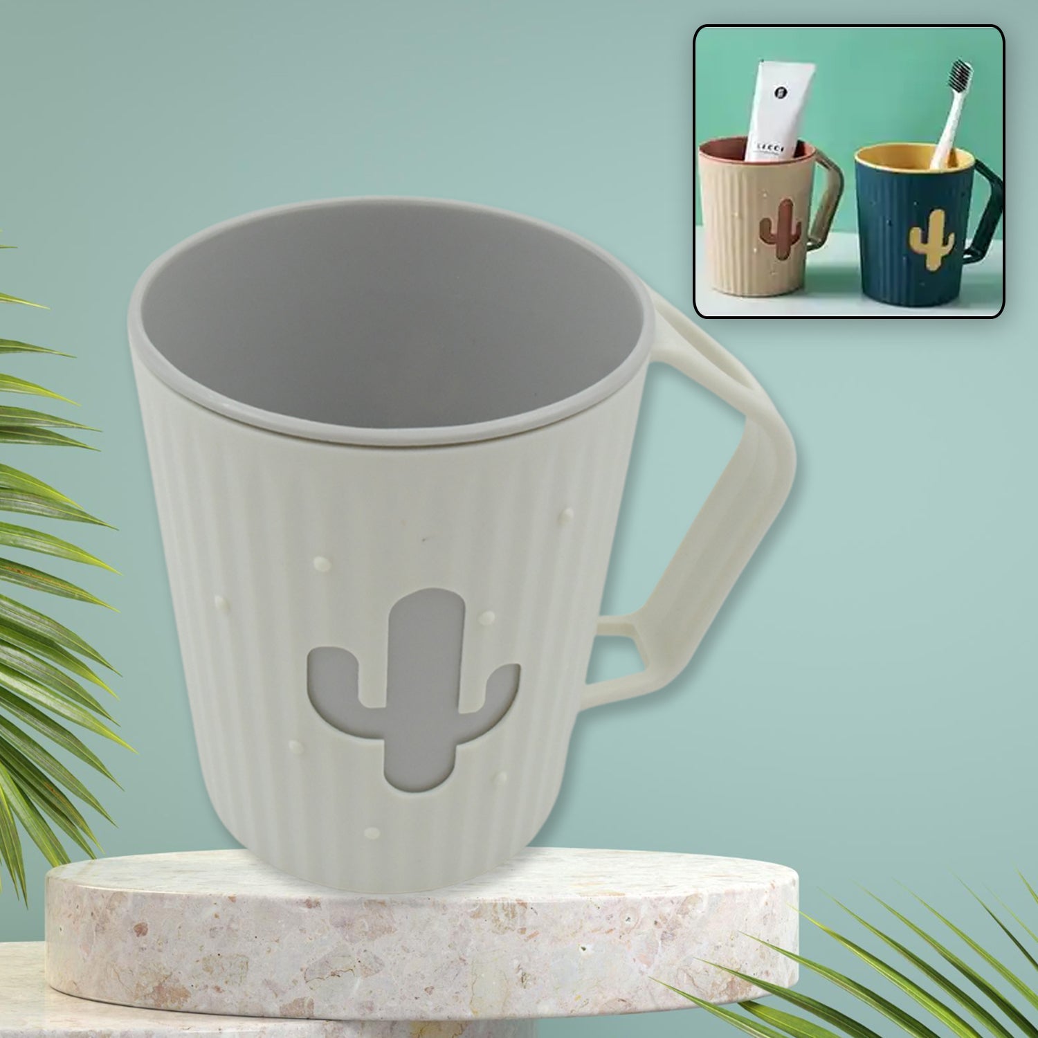 4291 Multi-Purpose Plastic Cactus Cup, Brushing Cup, Cactus Look Toothbrush And Toothpaste Holder Bathroom Cup Cartoon Bathroom Cup With Slot Handle Toothbrush Holder For Bathroom (1 Pc) Eshaan Traders