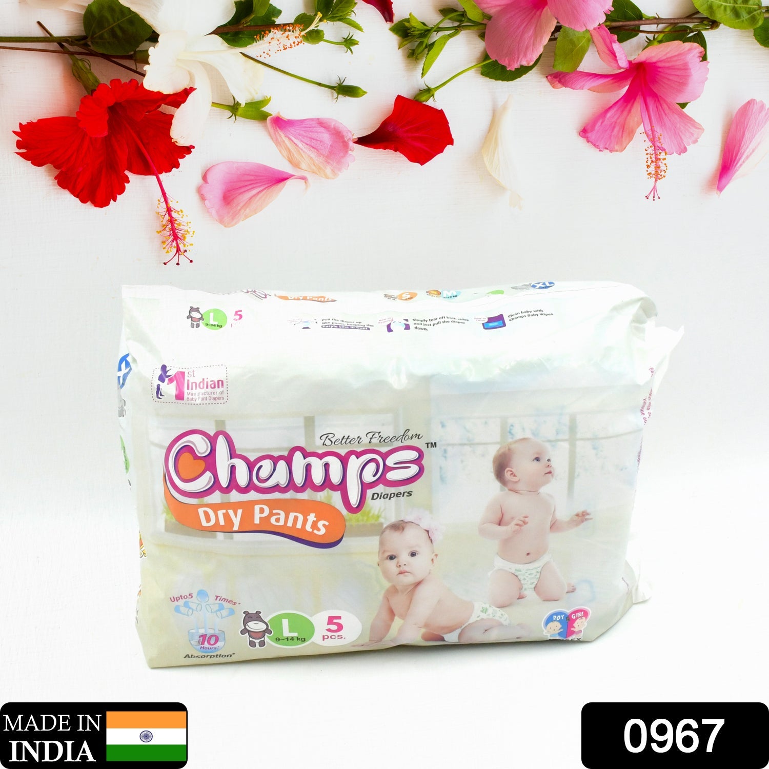 0967 Baby Diaper High Absorbent Pant Diapers,  Champs Soft and Dry Baby Diaper Pants S 5 Pcs (Large , L5 Pieces) Eshaan Traders