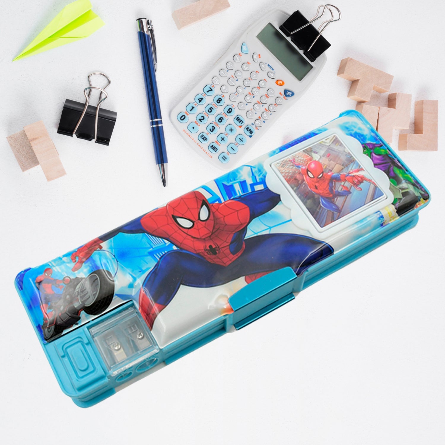 4260 Art & Stationery Cartoon Multi-functional Geometry Box for Boys with Inbuilt Calculator, 2 Sides Open and Double Sharpener Stationery Kit Pencil Box for Boys Art Plastic Pencil Box  for Girls and Boys Eshaan Traders