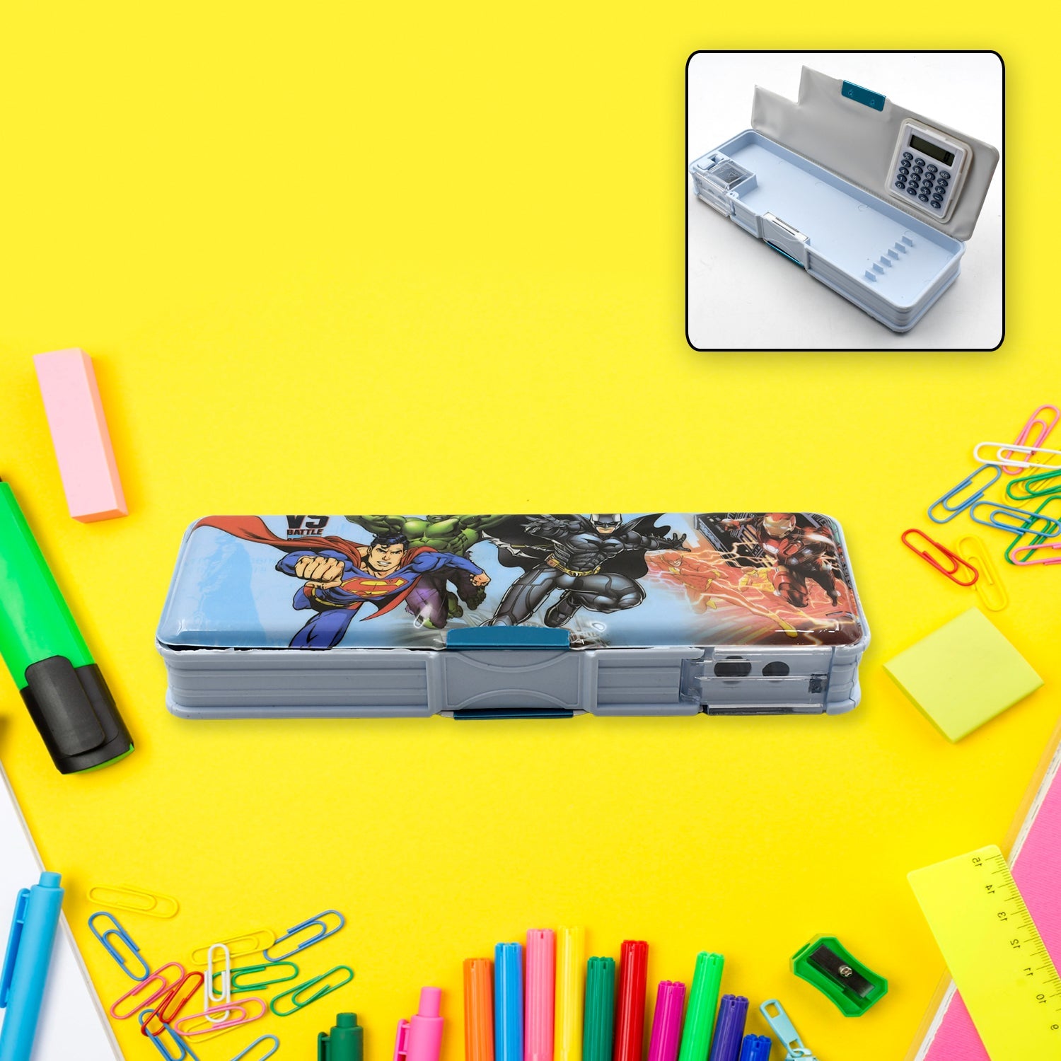 4570 Double Sided Magnetic Geometry Box, Pencil Box with Calculator and Sharpener for Boys Art Plastic Pencil Box  for Girls and Boys Eshaan Traders