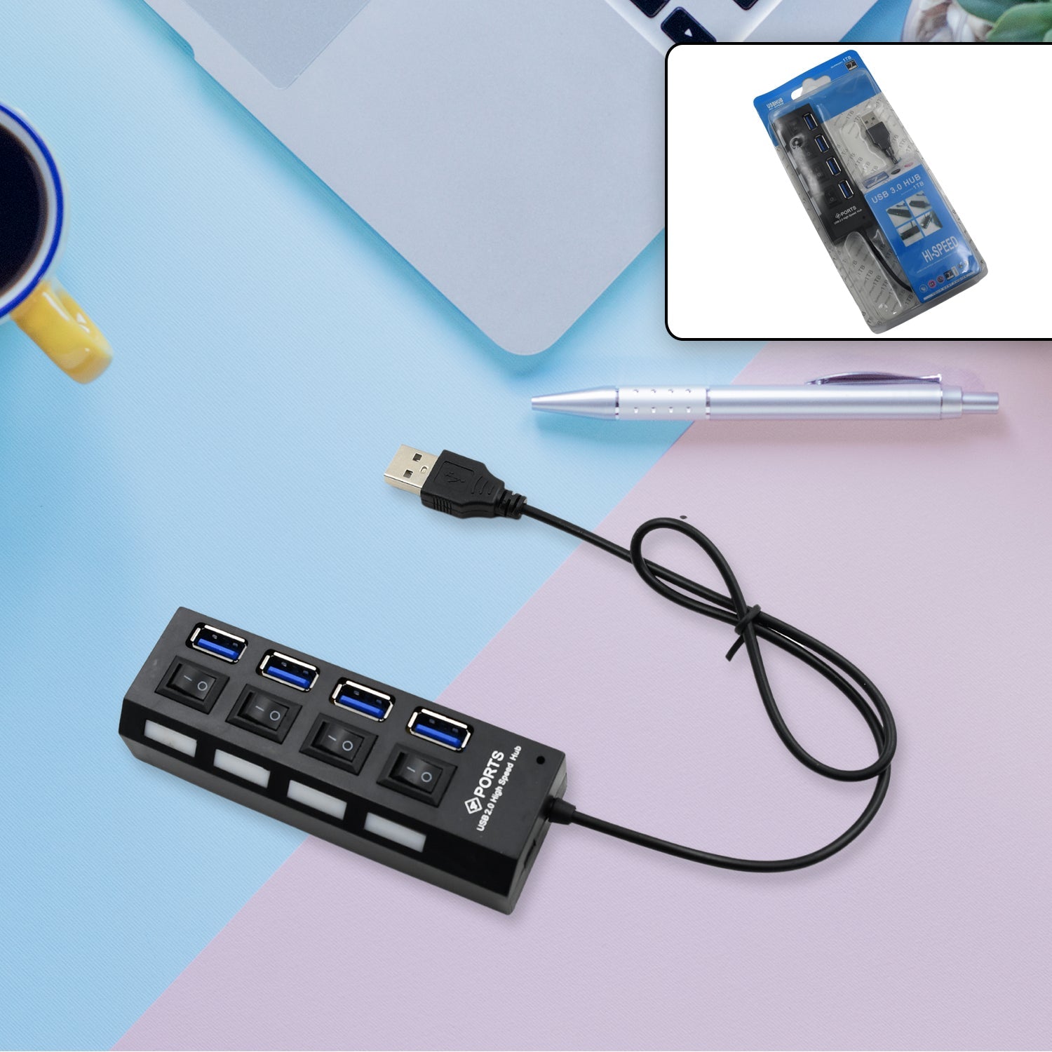 6995 4 Port USB, HUB USB 2.0 HUB Splitter High Speed with On/Off Switch Multi LED Adapter Compatible with Tablet Laptop Computer Notebook Eshaan Traders