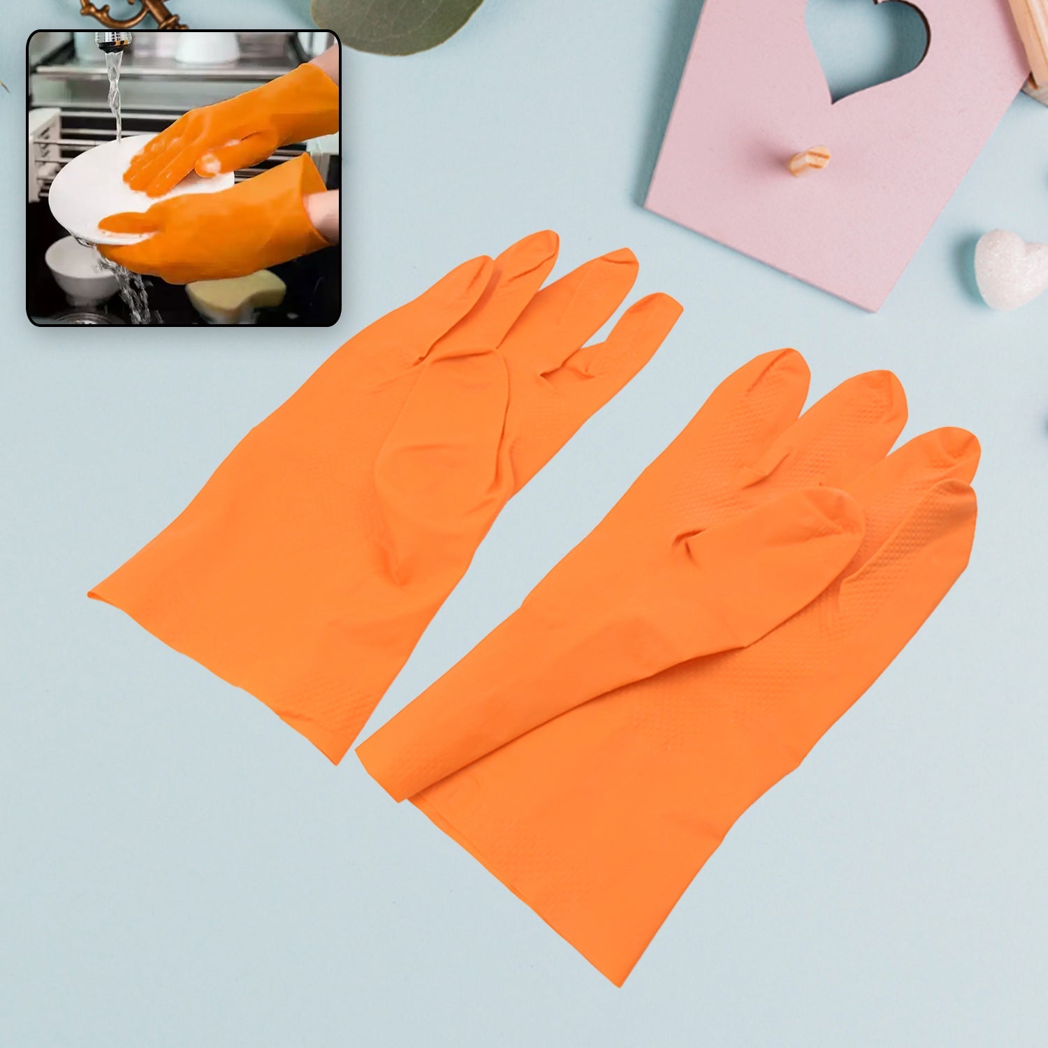 0621 Multipurpose Rubber Reusable Cleaning Gloves, Reusable Rubber Hand Gloves I Latex Safety Gloves I for Washing I Cleaning Kitchen I Gardening I Sanitation I Wet and Dry Use Orange Gloves (1 Pair 40 Gm) Eshaan Traders