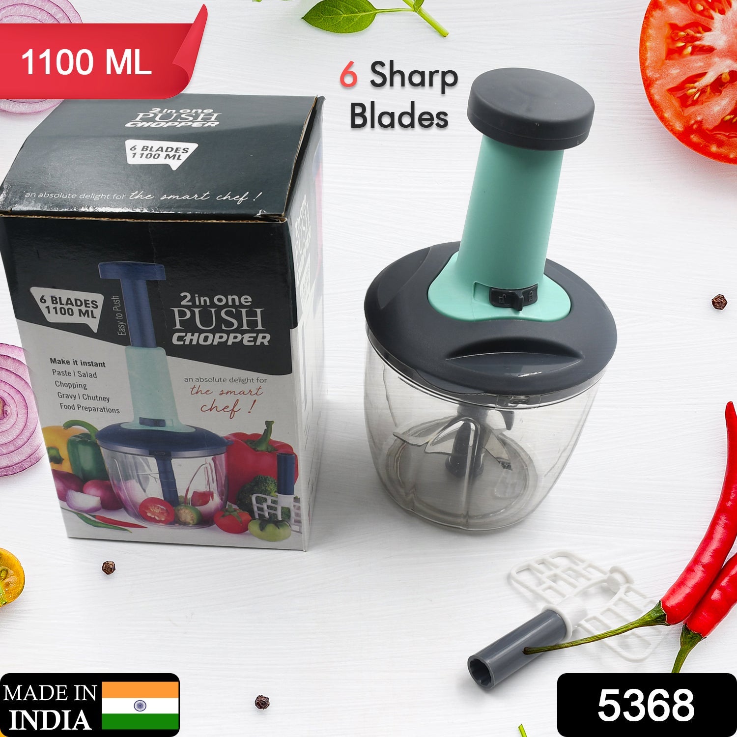 5368 1100 ml 2 in 1 Push up Chopper with Blender affixed with 6 Sharp Blade | Vegetable and Fruit Cutter with Easy Push and chop Button Eshaan Traders