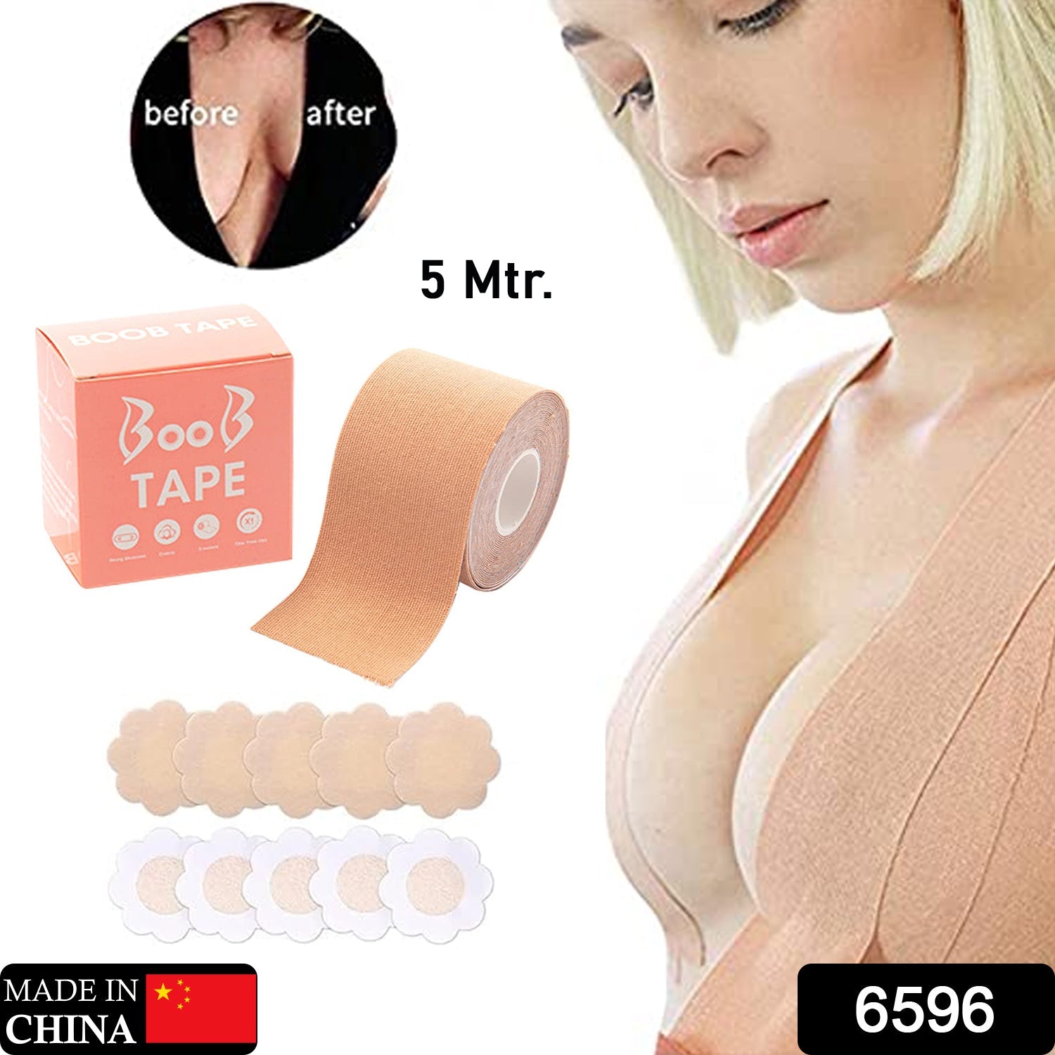 6596 Boob Tape with 10 Pairs Nipple Cover Cotton Wide Thin Breast Tape - Women's & Girl's Breast Lift Booby Tape - Push Up & Lifting Tape - Suitable for All Breast Types - Breast Lift Bra Tape - Bob Tape for Natural Breast Lift (1 Pc 5 Meters) Eshaan Traders