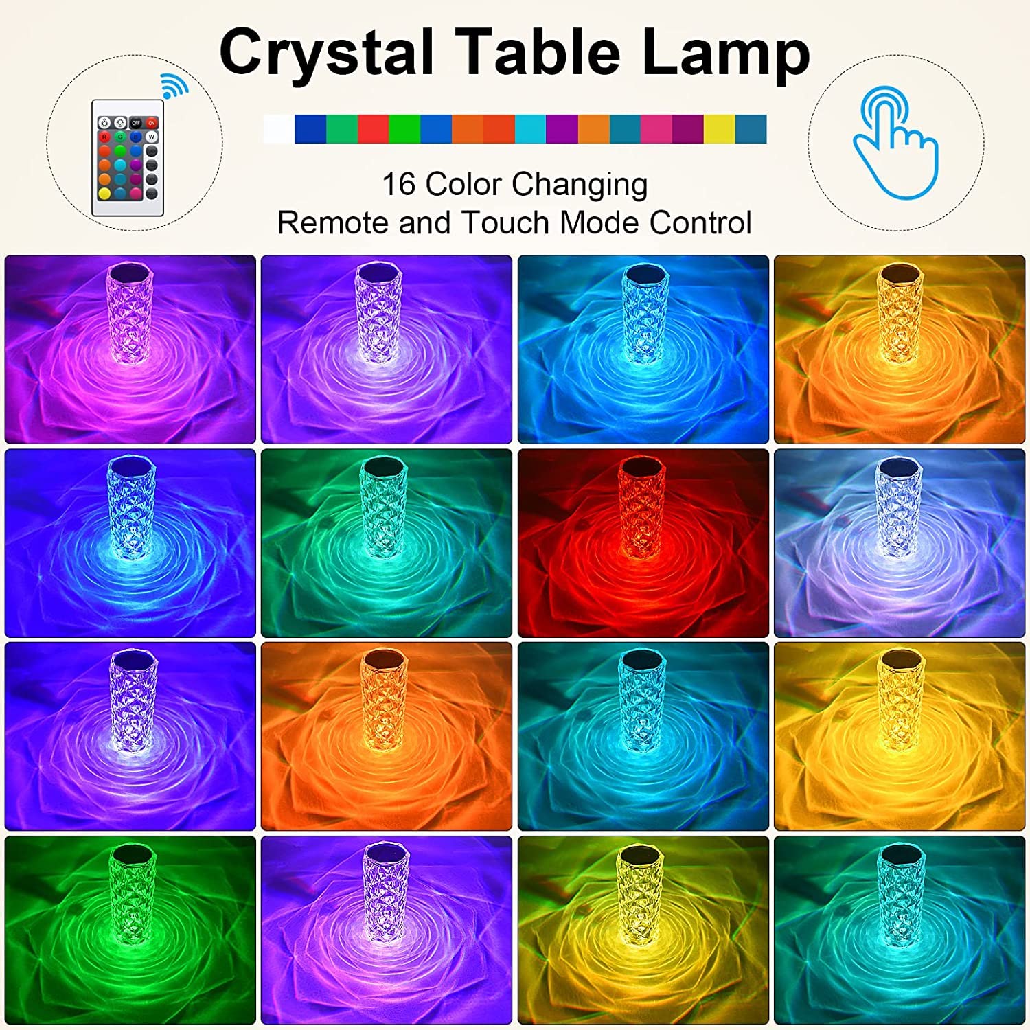 6604 Crystal Touch Night Light (16 Colors) - Rose Diamond Table Lamp with Remote Control, USB Table Lamp, Romantic Date Lighting Decor for Festival, Bedroom, Dining Room Eshaan Traders