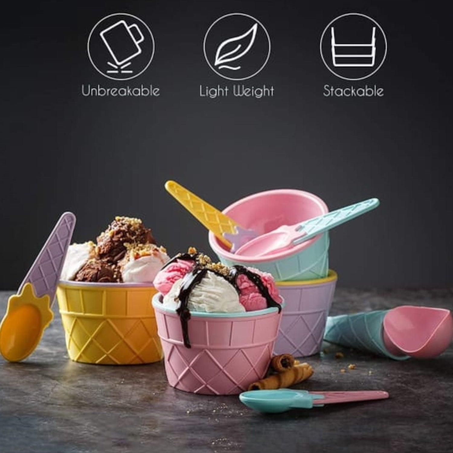 5322 Ice-Cream Waffle Spoon Bowel Cup Set | Premium ice Cream Set | Ice-Cream Bowel with Spoon | 6 units Couple Bowl Set | Color Box DeoDap