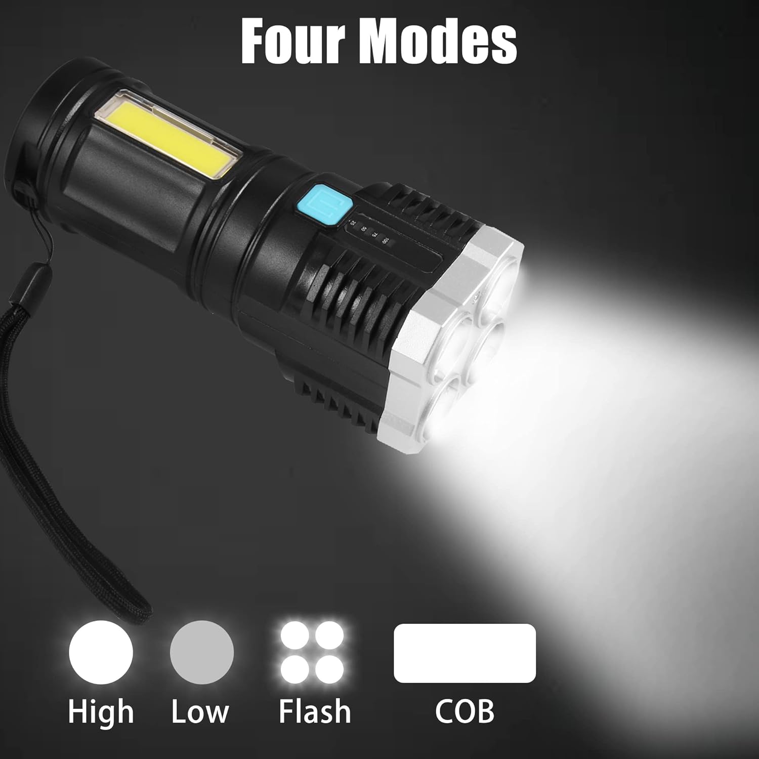 9370 Multifunctional Strong 4 LED Torch Light, Portable Rechargeable Flashlight Long Distance Beam Range 800 Lumens COB Light 4 Mode Emergency for Hiking, Walking, Camping (4 LED Torch) Eshaan Traders