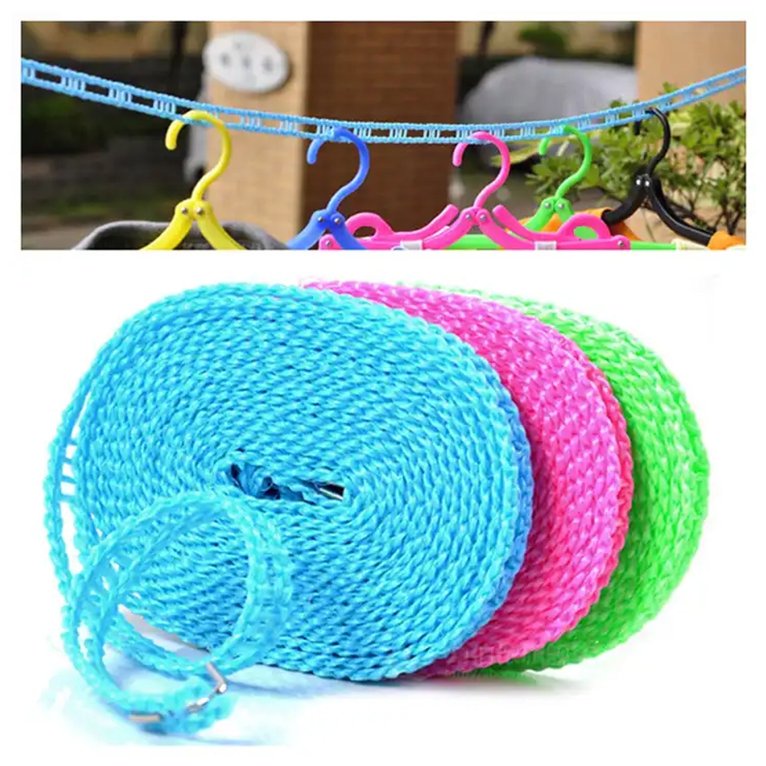 8861 3 Meters Fiber Rope Anti-Slip Clothes Washing Drying Nylon Rope Japan Style Rope with Hooks, Durable Camping Clothesline Portable Clothes Drying Line Indoor Outdoor Laundry Storage for Travel Home Use (3 Mtr.) Eshaan Traders