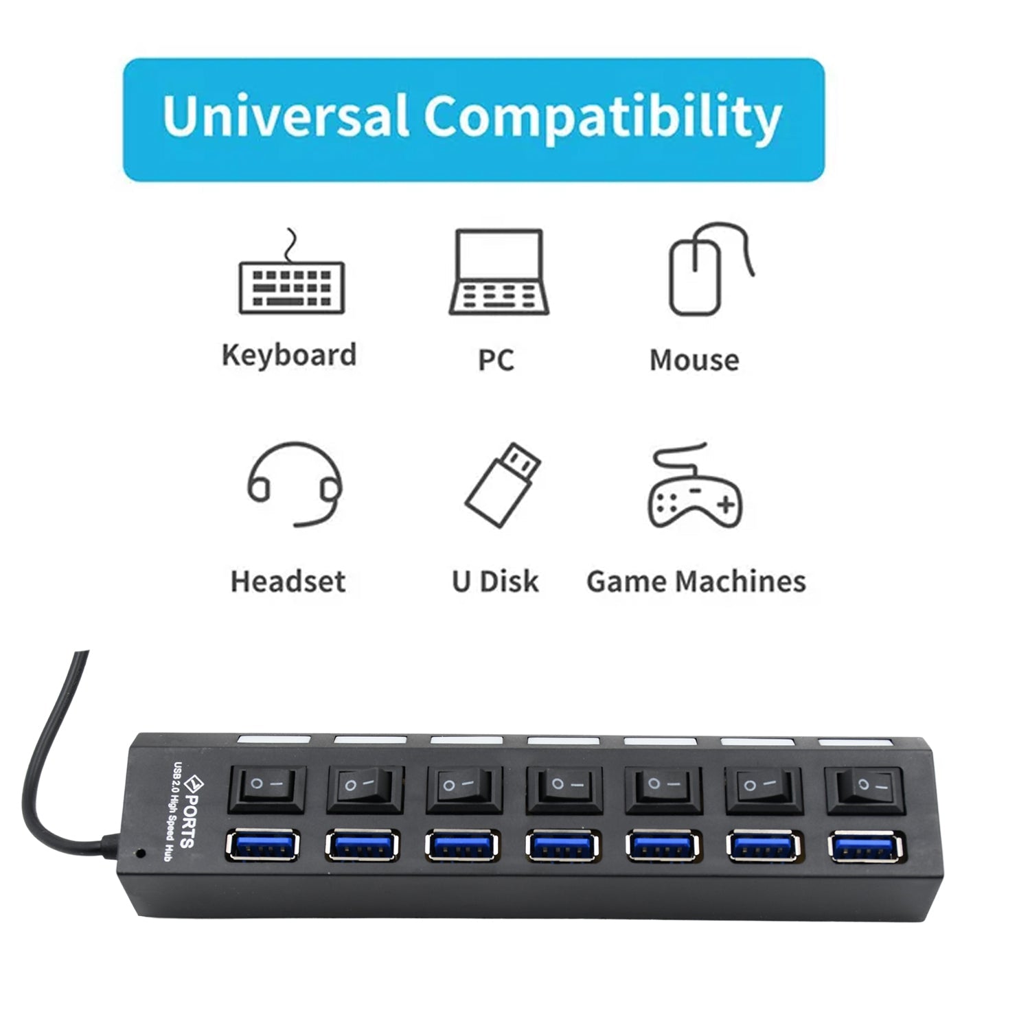 6994 USB Splitter Multi Port USB 2.0 Hub, 7 Port with Independent On/Off Switch and LED Indicators USB A Port Data Hub, Suitable for PC Computer Keyboard Laptop Mobile HDD, Flash Drive Camera Etc Eshaan Traders