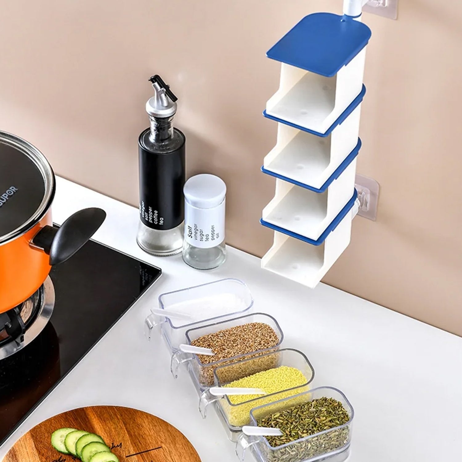 5942 4 Layer Creative Adhesive Wall Hanging Rotary Seasoning Box Condiment Storage Container Kitchen with Spoon Pepper Sugar Spice Jar Rack Food Eshaan Traders