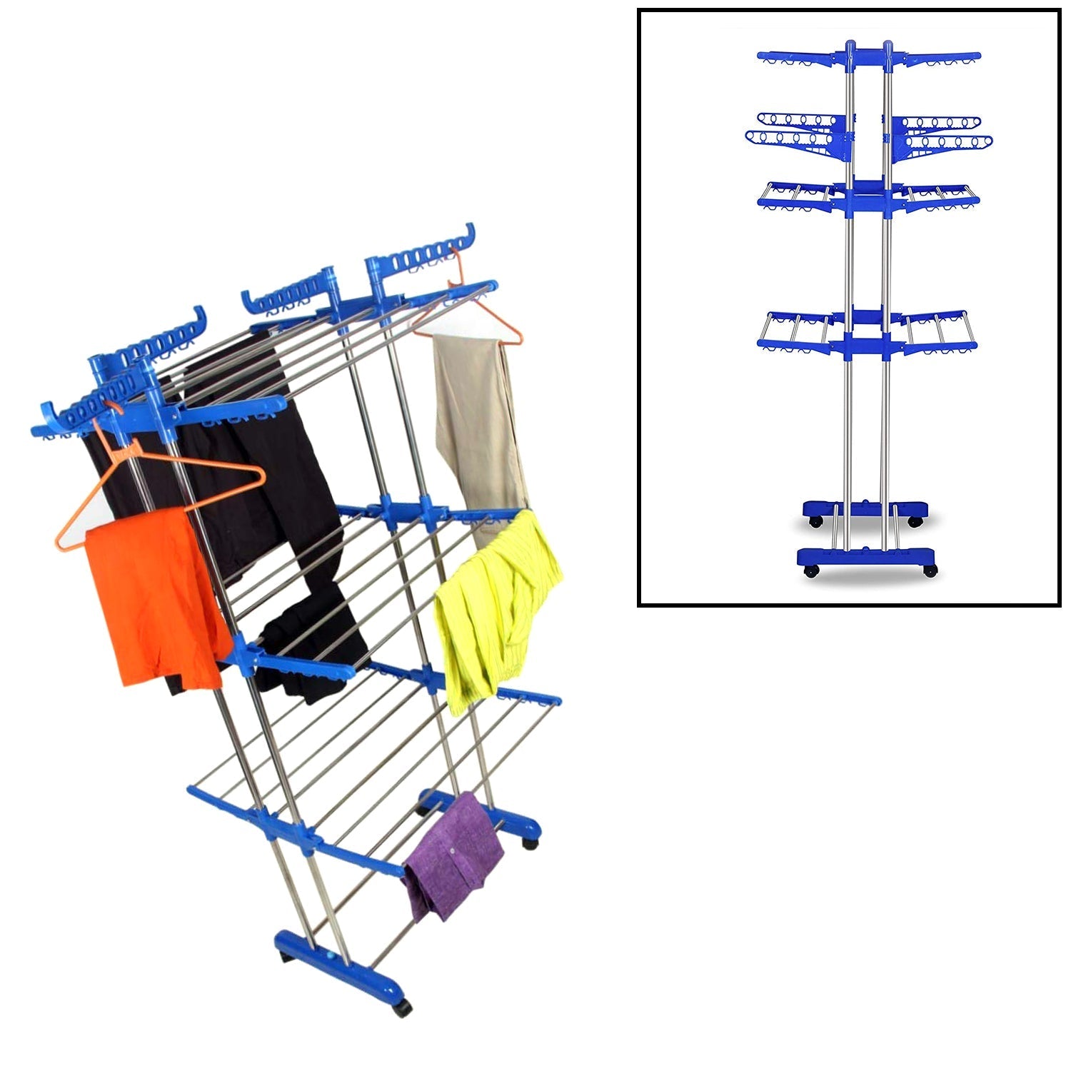 0696 Folding Double Supported 3 Layer Cloth Drying Stand Laundry Dryer Hanger with Breaking Wheels for Balcony Indoor and Outdoor Home, Steel Eshaan Traders