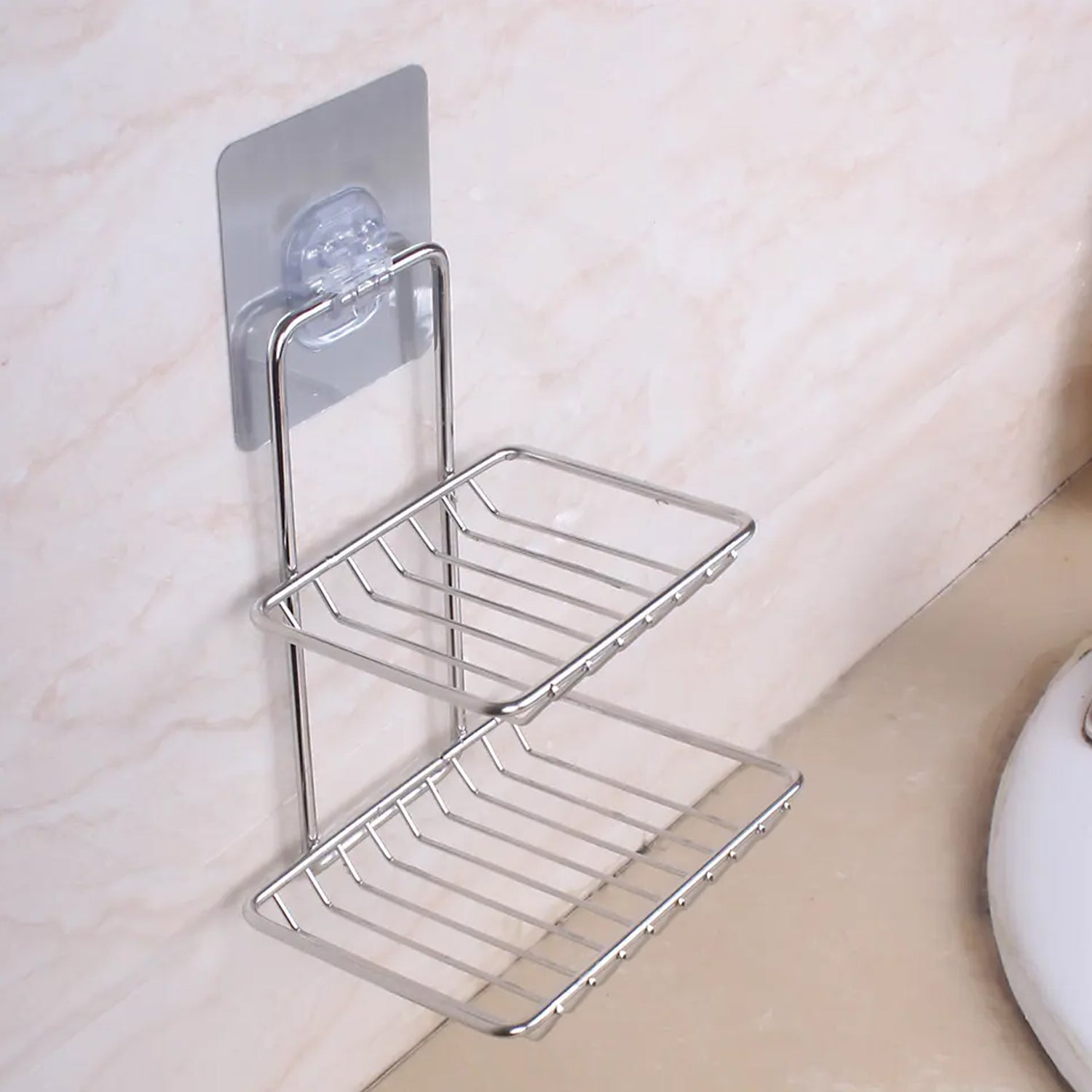 1756 Kitchen, Bathroom Stainless Steel Wall Mounted Double Layer Self Adhesive Magic Sticker Soap Dish Holder Wall Hanging Soap Storage Rack  used in all kinds of places household and bathroom purposes for holding soaps. Eshaan Traders