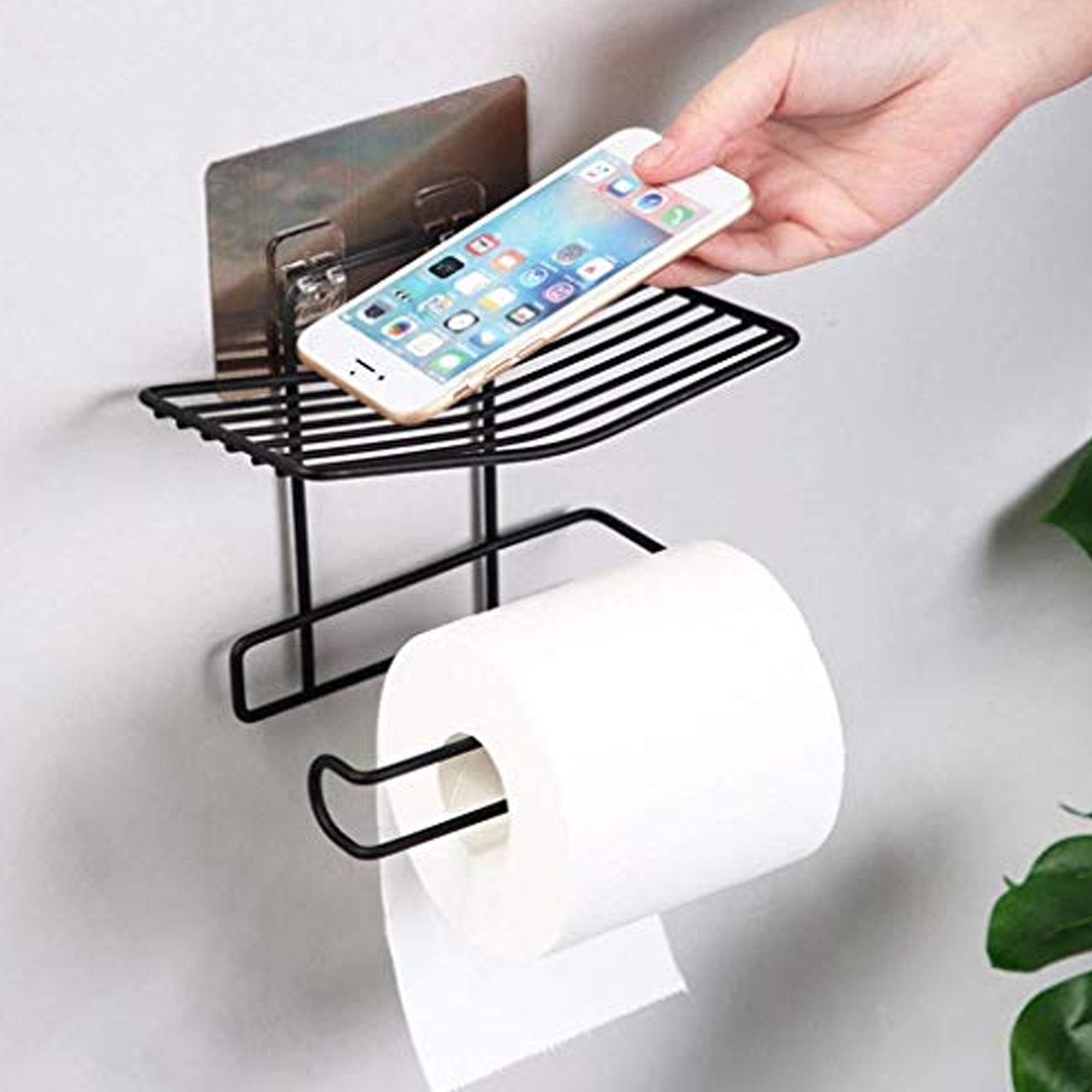 1760 Iron Black Coated Self Adhesive Wall Mounted Tissue/Toilet Paper Holder DeoDap