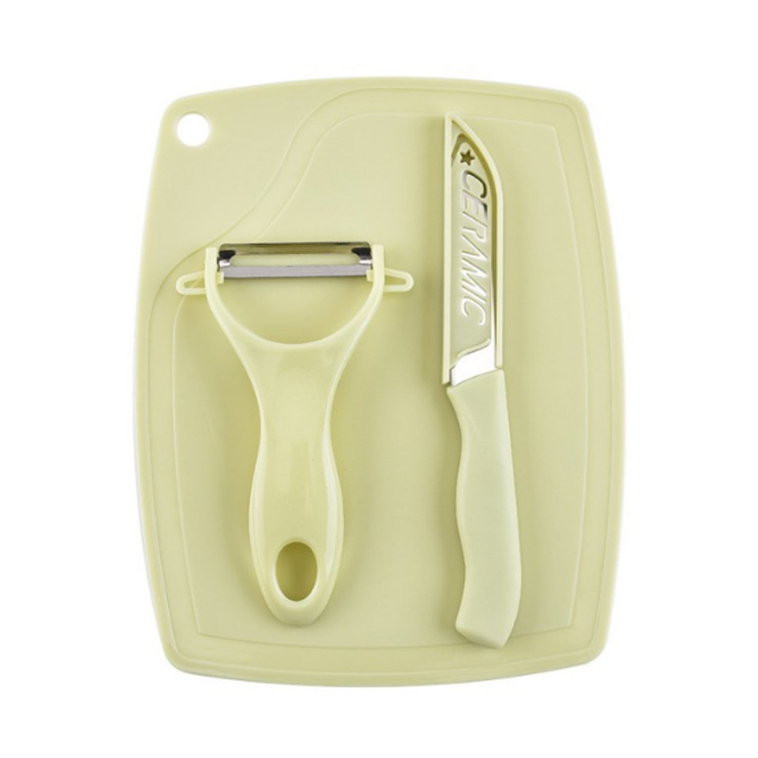 5207 Plastic Kitchen Peeler - Green & Classic Stainless Steel 3-Piece Knife Set Combo DeoDap