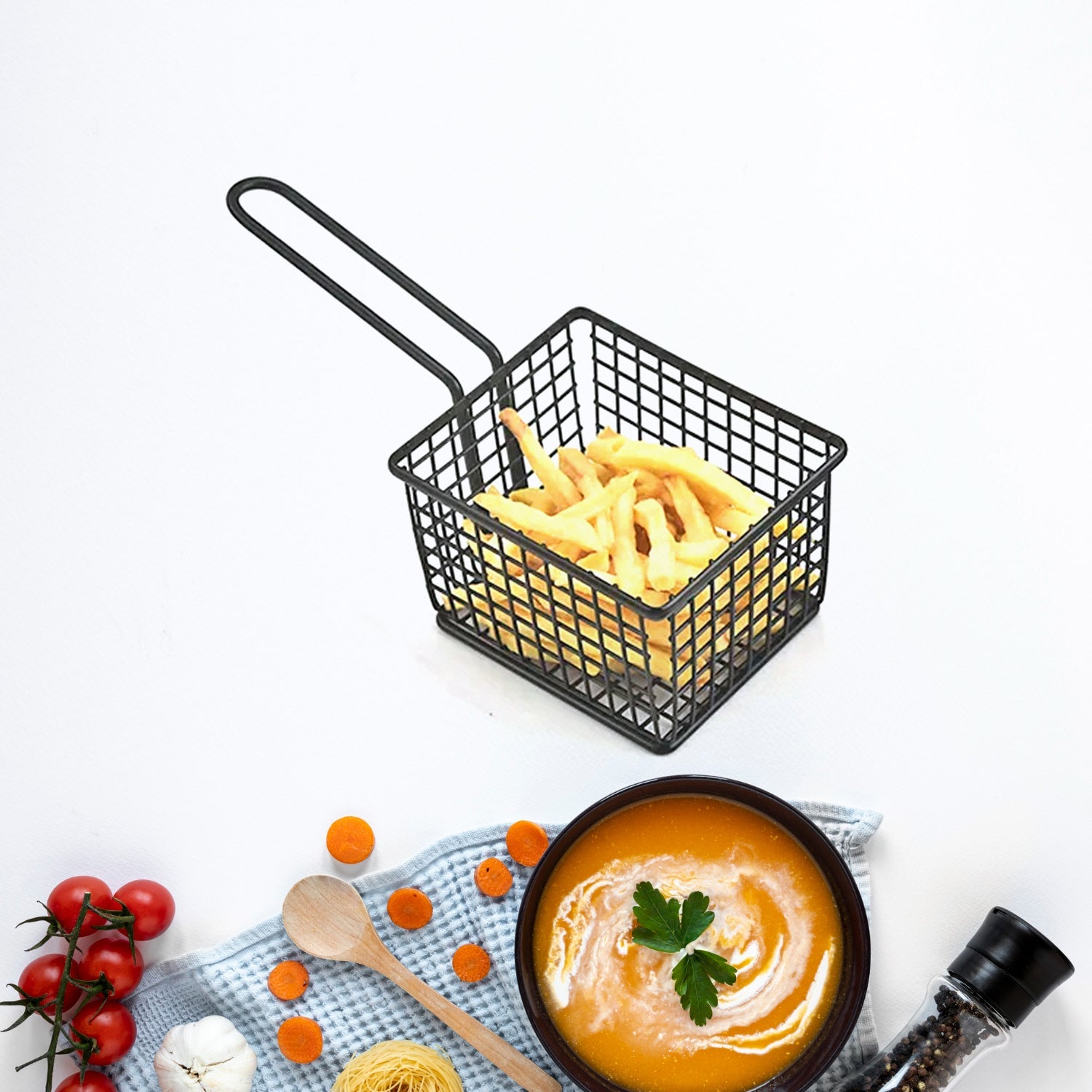 5972 frying baskets for chips Stainless Steel Snack Basket Potato Mesh Strainer Basket French Fries Food Basket Food Strainer Cooking Tools frying basket Eshaan Traders