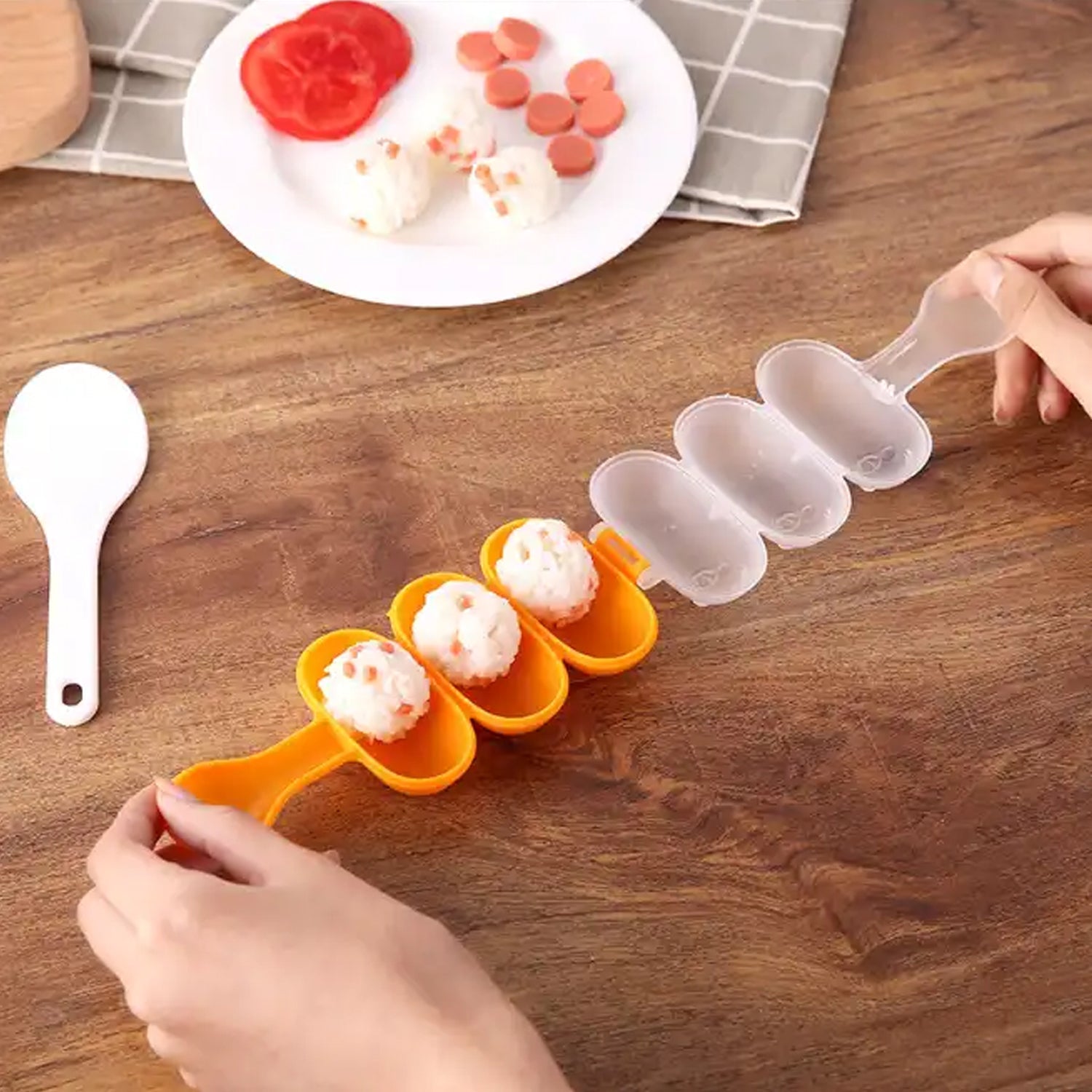 5826 Rice Ball Mould Shaker Sushi Roll Maker 3 Compartment Kitchen Tools for Kids Shake DIY Lunch with a Mini Rice Paddle for Home Party Meal Make, Kids DIY Lunch Maker Mould Eshaan Traders