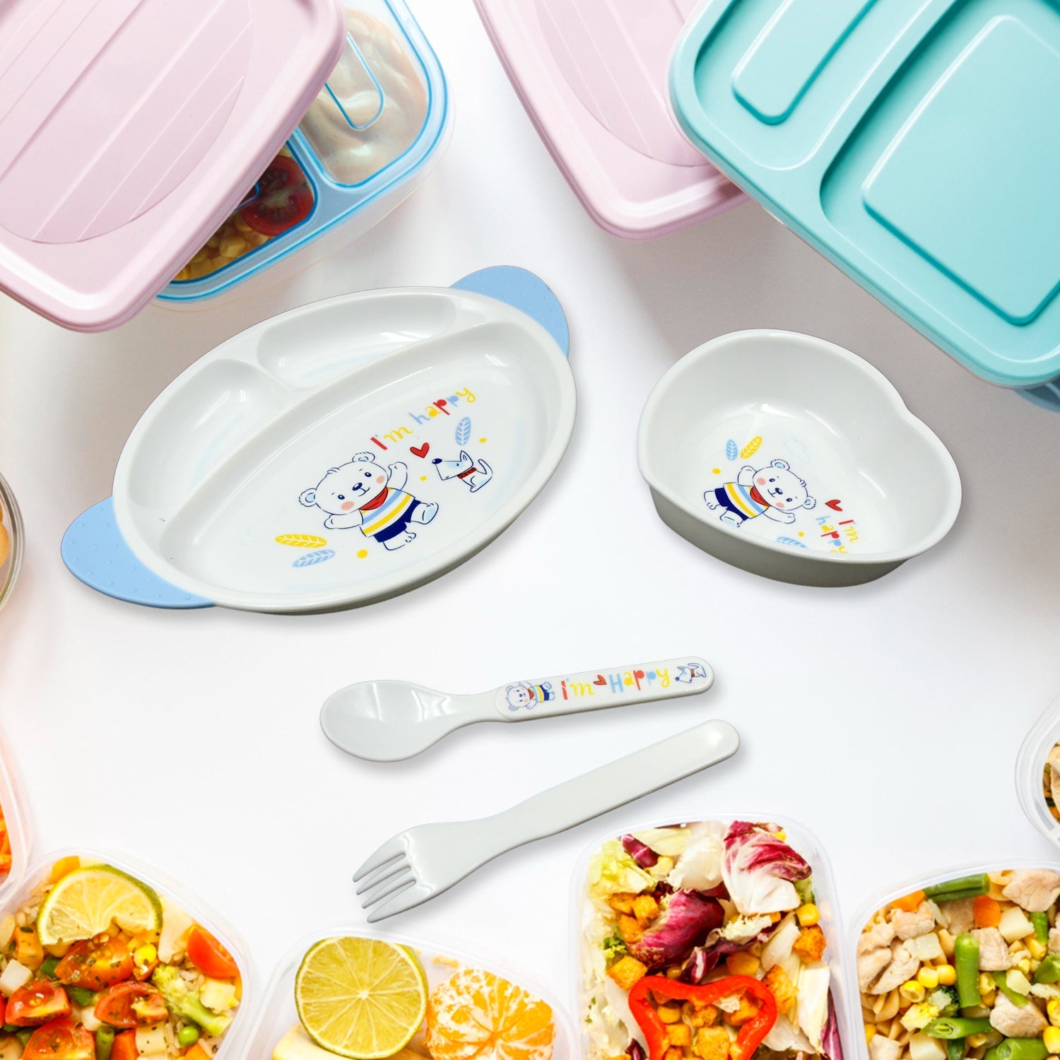 8176 5in1 Baby Feeding Set for Kids and Toddlers,Children Children Dinnerware Set - Feeding Set for Kids, Cartoon Design Plate, Cup, Spoon, Fork  Tableware Cutlery for Kids Microwave & Dishwasher Safe (5 Pcs Set) Eshaan Traders