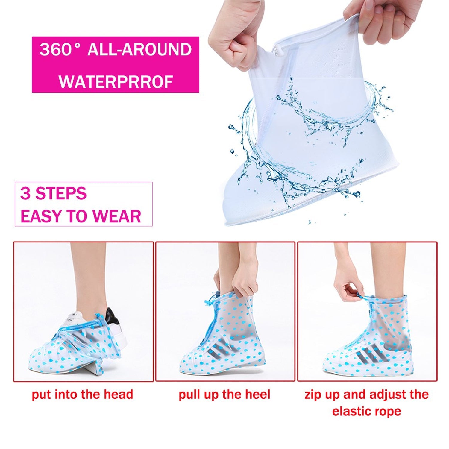 4541 Plastic Shoes Cover Reusable Anti-Slip Boots Zippered Overshoes Covers Pink, Transparent Waterproof Snow Rain Boots for Kids/Adult Shoes, for Rainy Season (L Size1 Pairs) Eshaan Traders