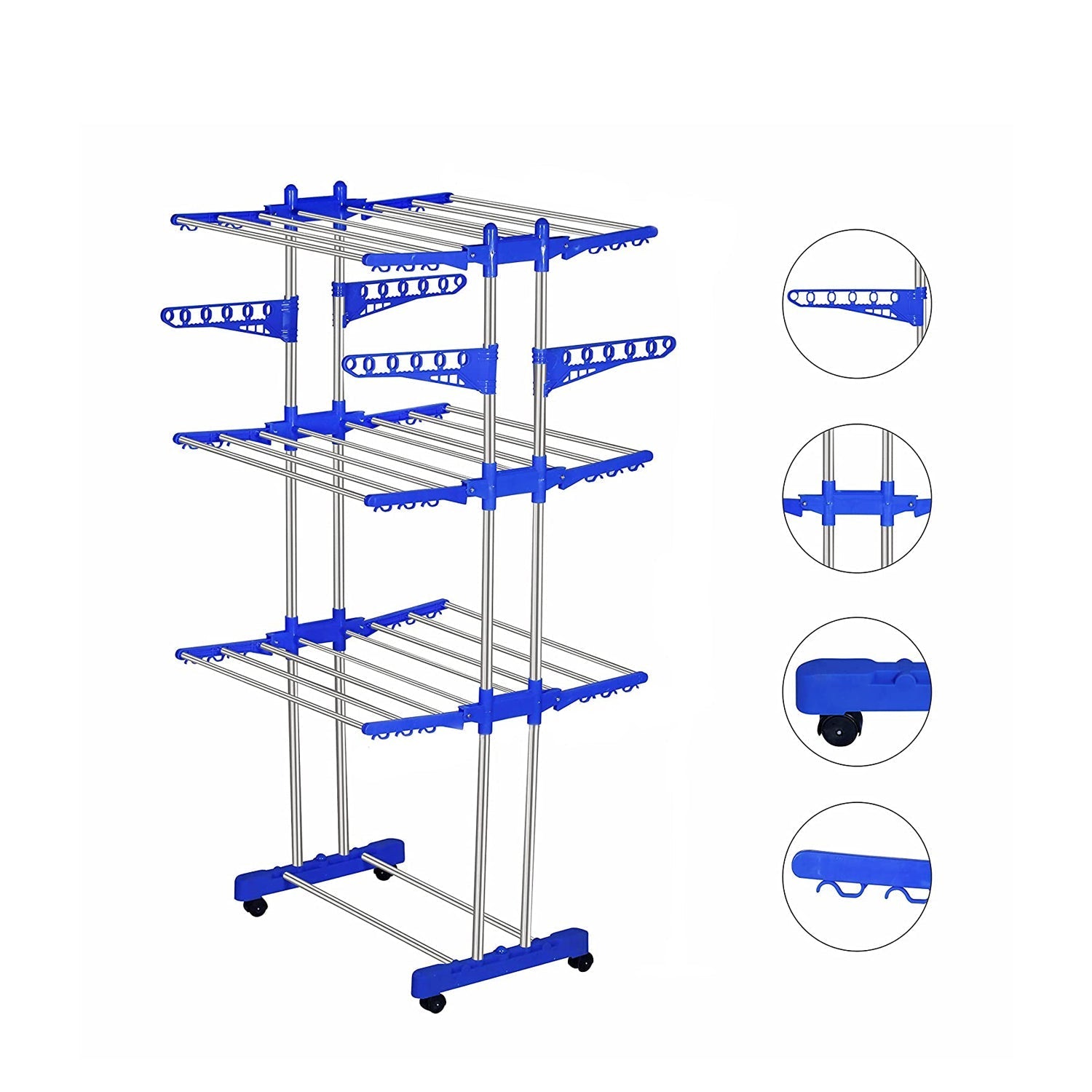 0696 Folding Double Supported 3 Layer Cloth Drying Stand Laundry Dryer Hanger with Breaking Wheels for Balcony Indoor and Outdoor Home, Steel Eshaan Traders