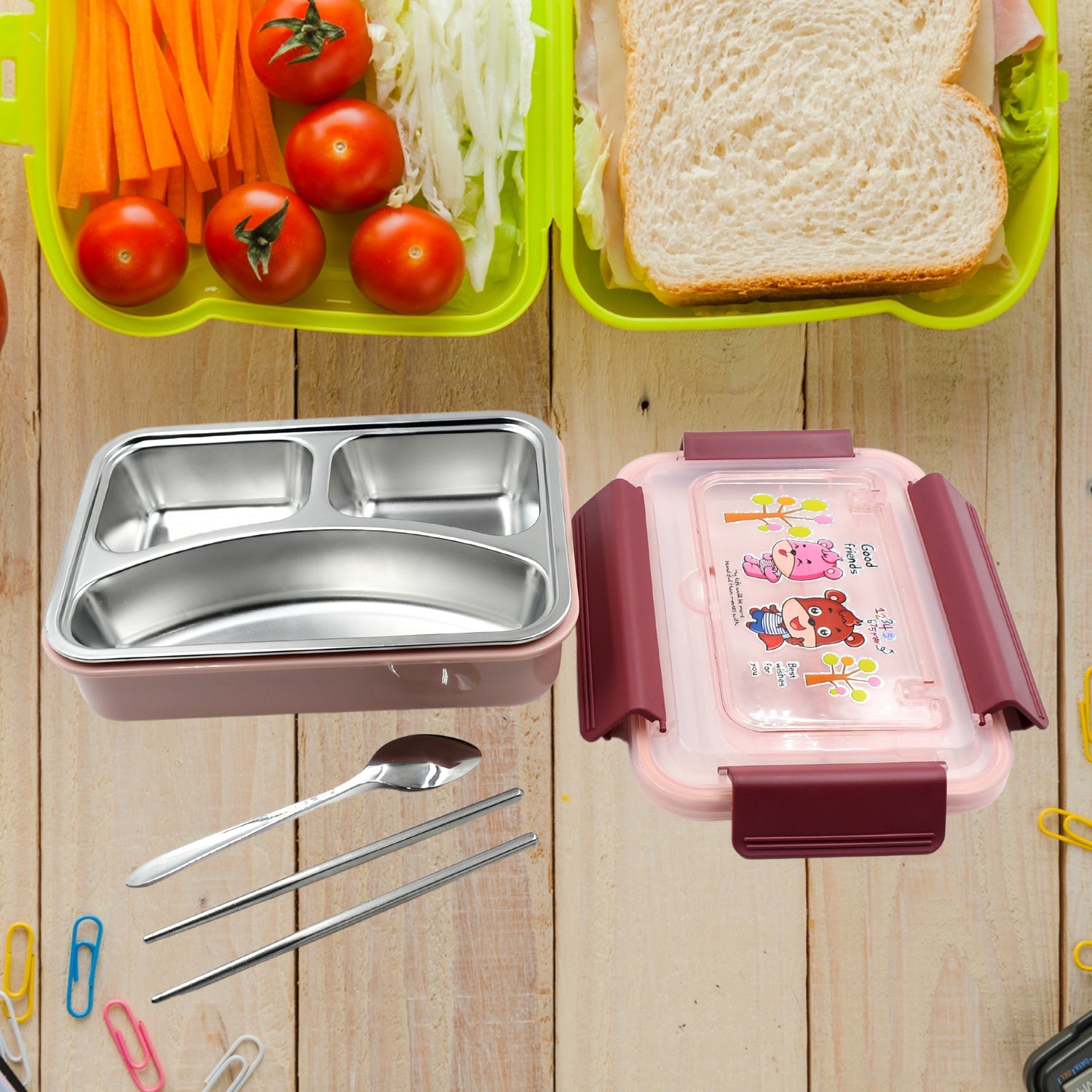 5954 Food‑Safe Materials Kids Lunch Box With steel  Spoon & chopsticks Compartment is Designed Made of 304 Stainless Steel Easy to Clean for School for Camping for Work for Home, Office Eshaan Traders