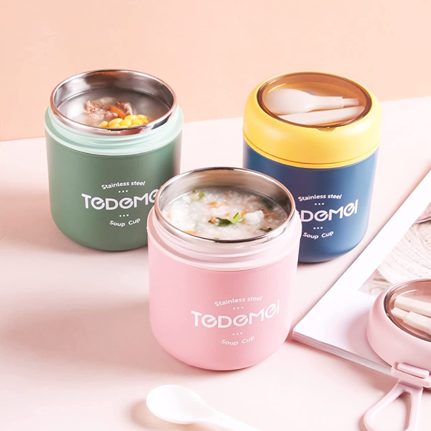 7157 Stainless Steel Solid Premium 1Pc Soup Container with Spoon and 1 Spoon On Soup Cup Top DeoDap