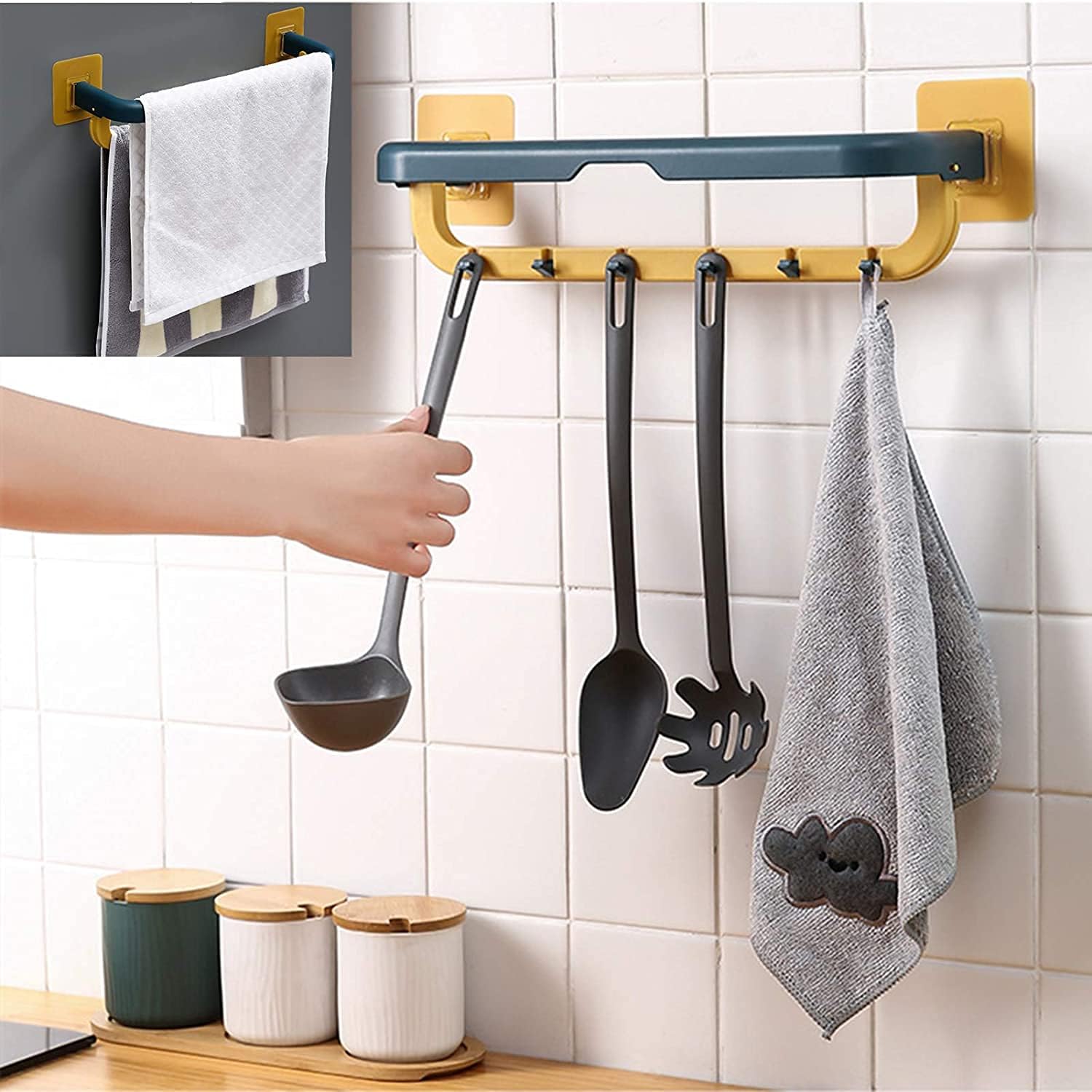 1515 Wall Mounted Double Bar Towel Holder with Hooks | Multifunctional Adjustable Towels Rack for Kitchen/Bathroom | Folding Towel Shelf DeoDap