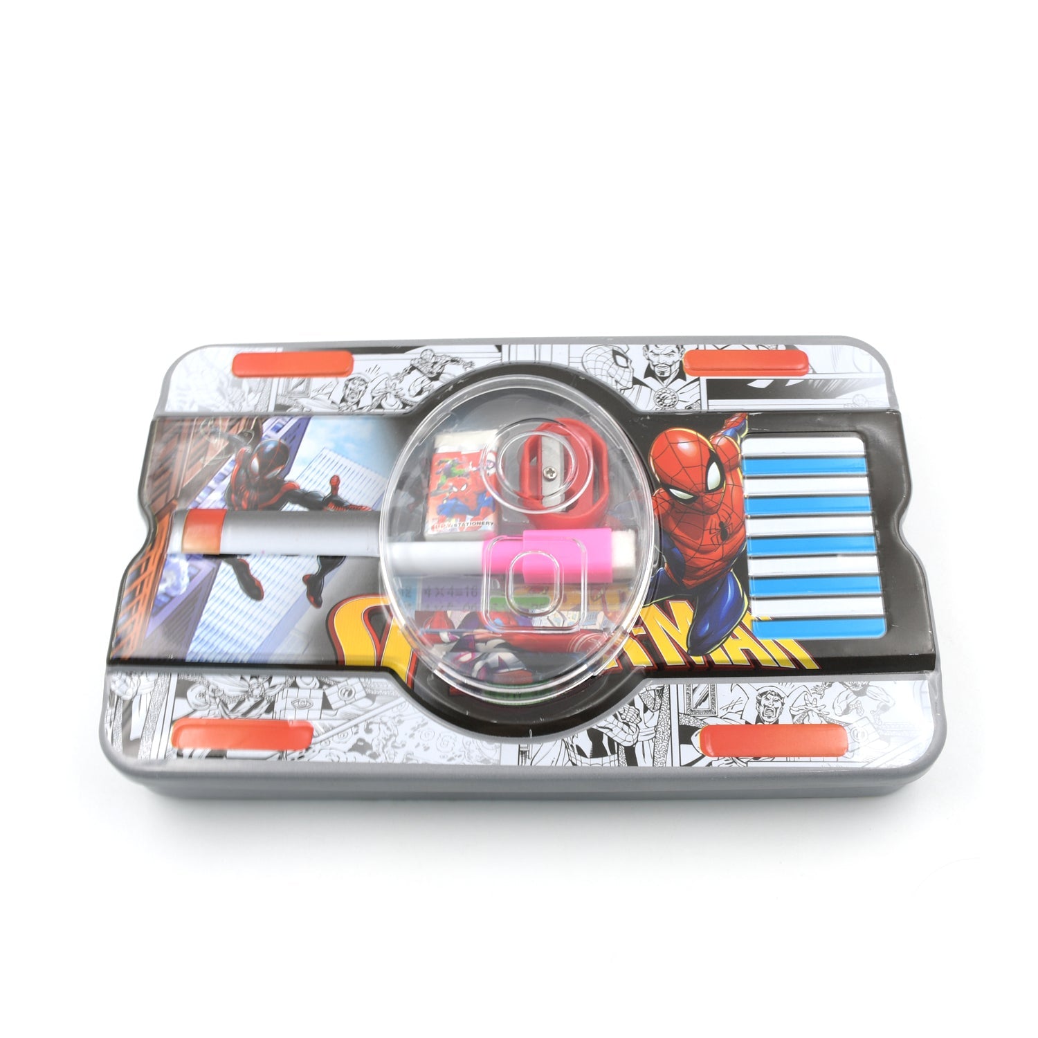 4137 Big Cartoon Printed  Metal Compass Box, Pencil Case With Sharpner, Eraser, Pencil, Marker & Scale for Kids Stationery Compass Box, Stationery Gift for School Kids Compass, Pencil Box, Birthday Return Gift for Kids  (6 Pc Set) Eshaan Traders