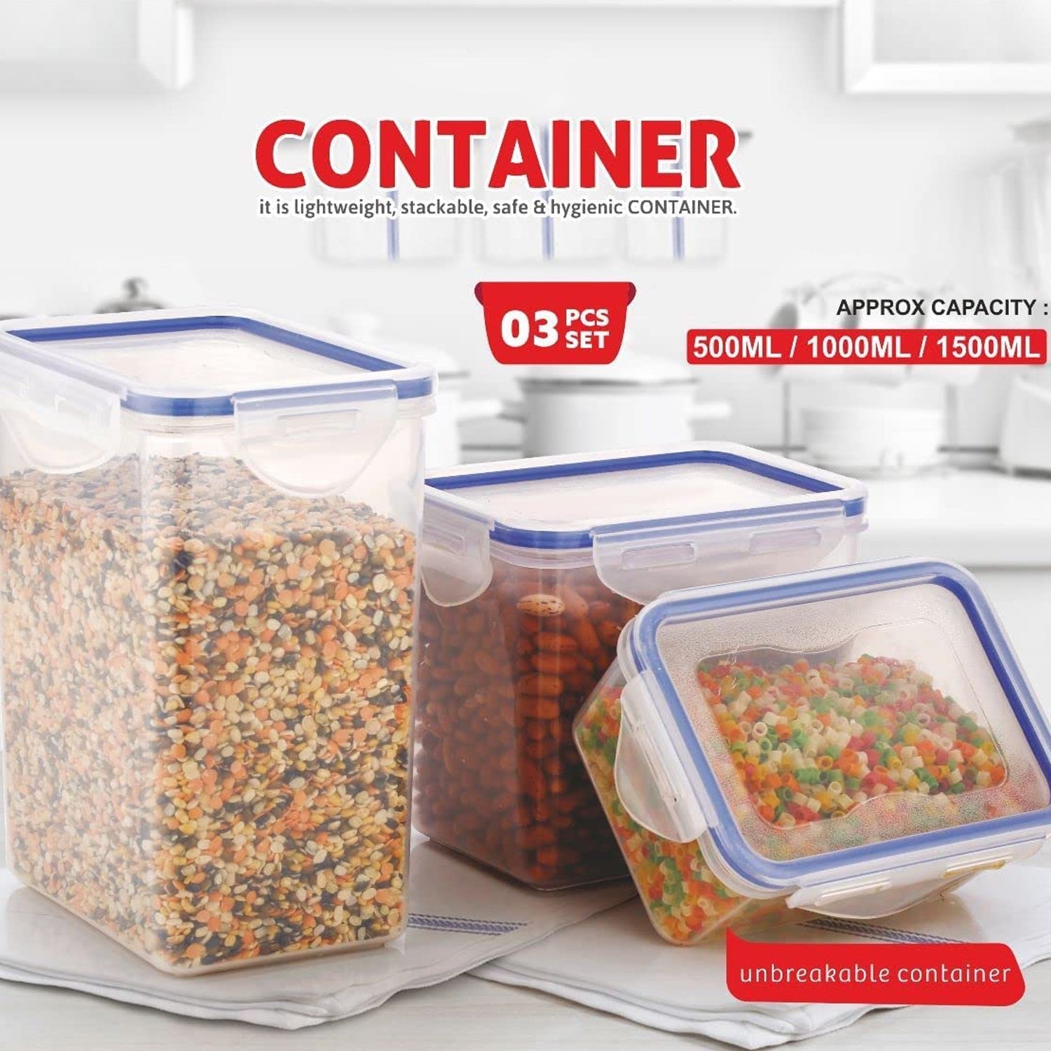 5829 Classics Rectangular Plastic Airtight Food Storage Containers with Leak Proof Locking Lid Storage container set of 3 Pc( Approx Capacity 500ml,1000ml,1500ml, Transparent) Eshaan Traders