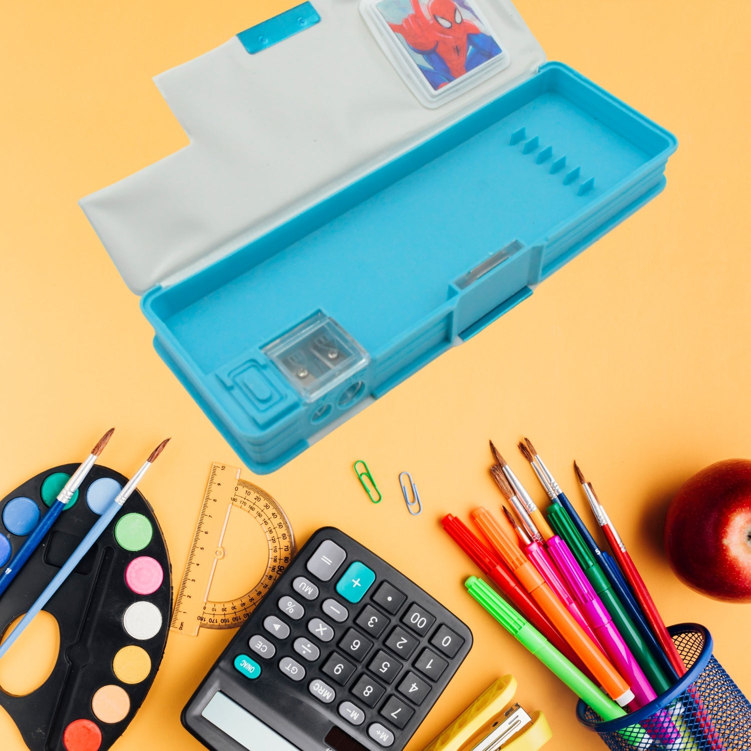 4260 Art & Stationery Cartoon Multi-functional Geometry Box for Boys with Inbuilt Calculator, 2 Sides Open and Double Sharpener Stationery Kit Pencil Box for Boys Art Plastic Pencil Box  for Girls and Boys Eshaan Traders