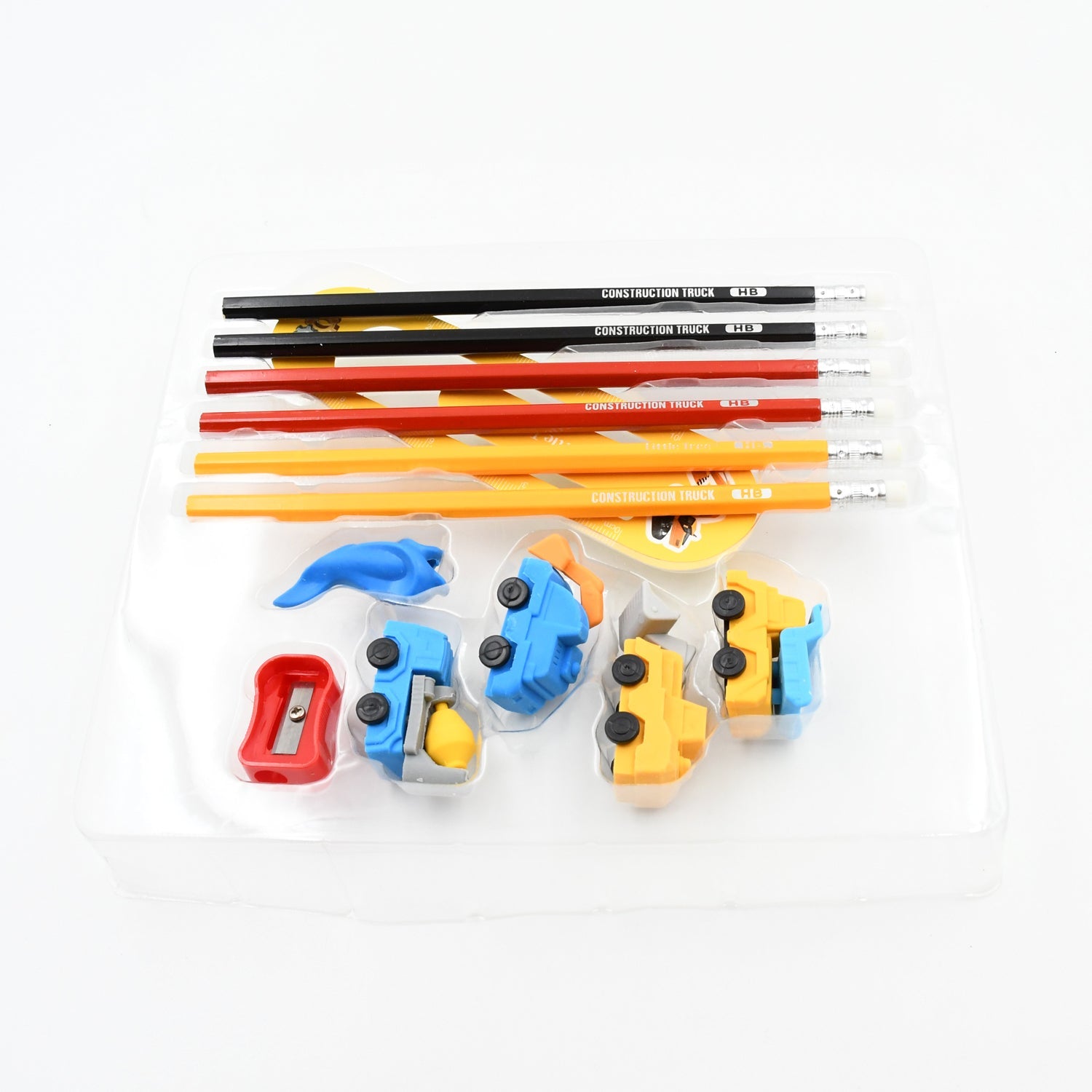 4547 Pencil and Eraser Set, Construction Truck Theme Stationery Kit Includes 6 Pencils, 4 Erasers, 1 Sharpener, 1 Ruler Bookmark, 1 Pencil Cap Stationary For Birthday Gifts for Kids, Birthday Return Gifts (13 Pc set) Eshaan Traders