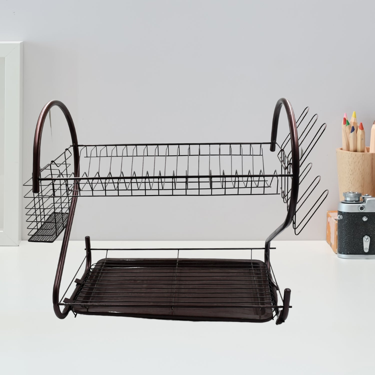 5950 2 Tier Dish Drying Rack Stainless Steel Large Dish Plate Rack Metal Strainer Dryer Racks Two Tier Dishes Drainer and Drain Tray with Utensil Eshaan Traders