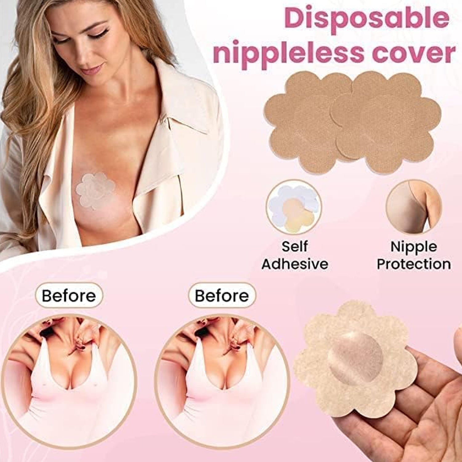 6596 Boob Tape with 10 Pairs Nipple Cover Cotton Wide Thin Breast Tape - Women's & Girl's Breast Lift Booby Tape - Push Up & Lifting Tape - Suitable for All Breast Types - Breast Lift Bra Tape - Bob Tape for Natural Breast Lift (1 Pc 5 Meters) Eshaan Traders