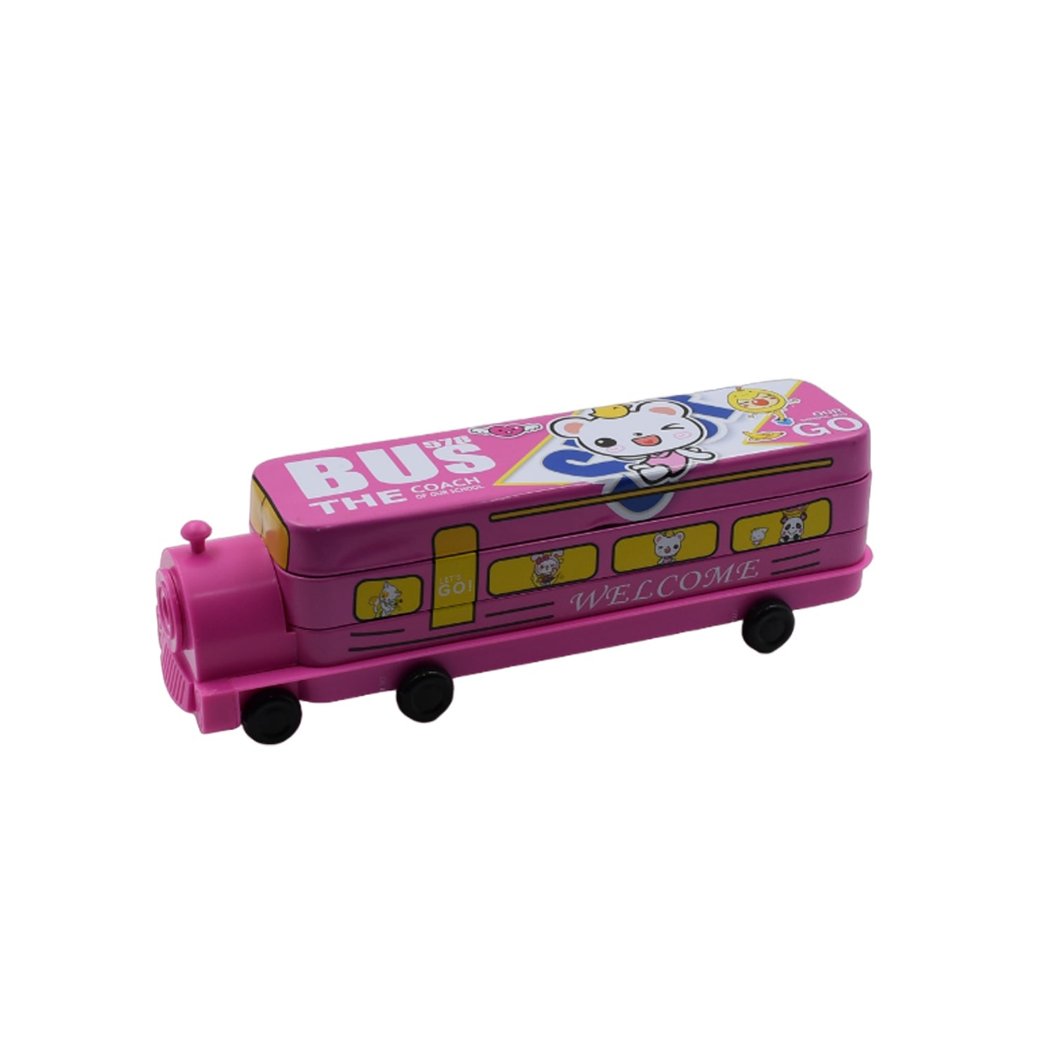 4672  Double Decker Magic Bus Compass 2 Layer Metal Bus Compass Pencil Case with Movable Wheels & Sharpener Bus Shape with Tiers Metal Pencil Box for Kids Birthday Party Eshaan Traders