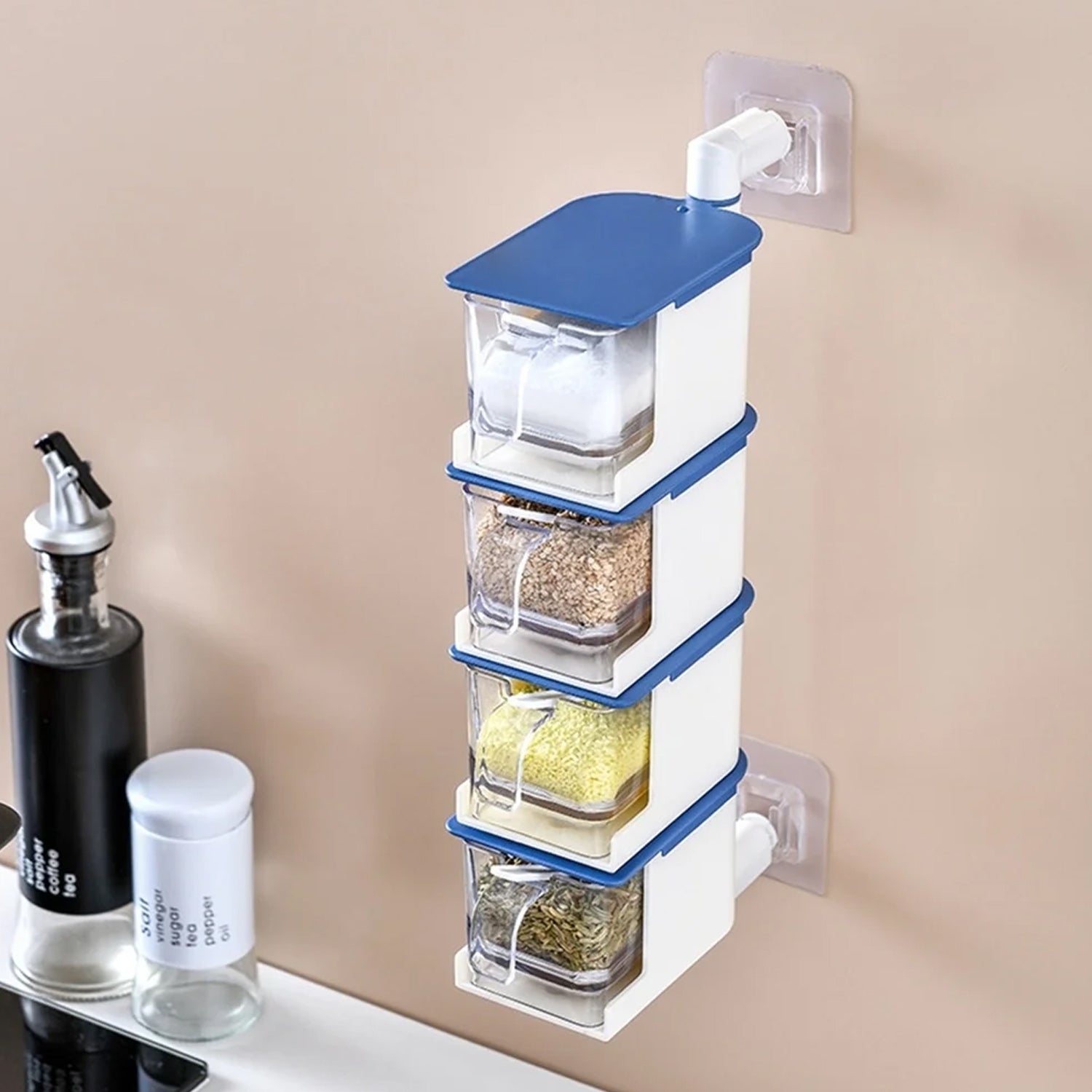 5942 4 Layer Creative Adhesive Wall Hanging Rotary Seasoning Box Condiment Storage Container Kitchen with Spoon Pepper Sugar Spice Jar Rack Food Eshaan Traders