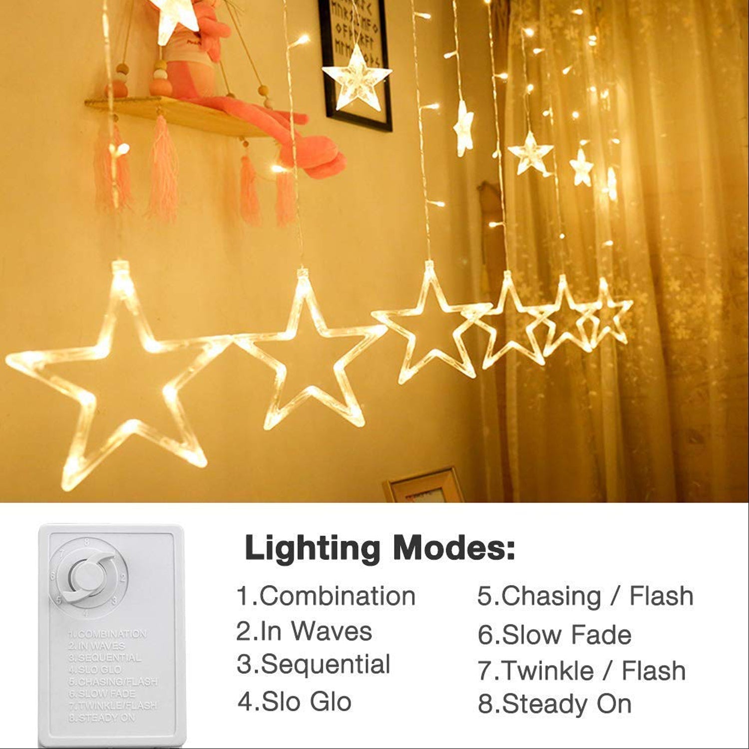 1253 12 Stars Curtain String Lights, Window Curtain Lights with 8 Flashing Modes Decoration for Festivals-11 Eshaan Traders