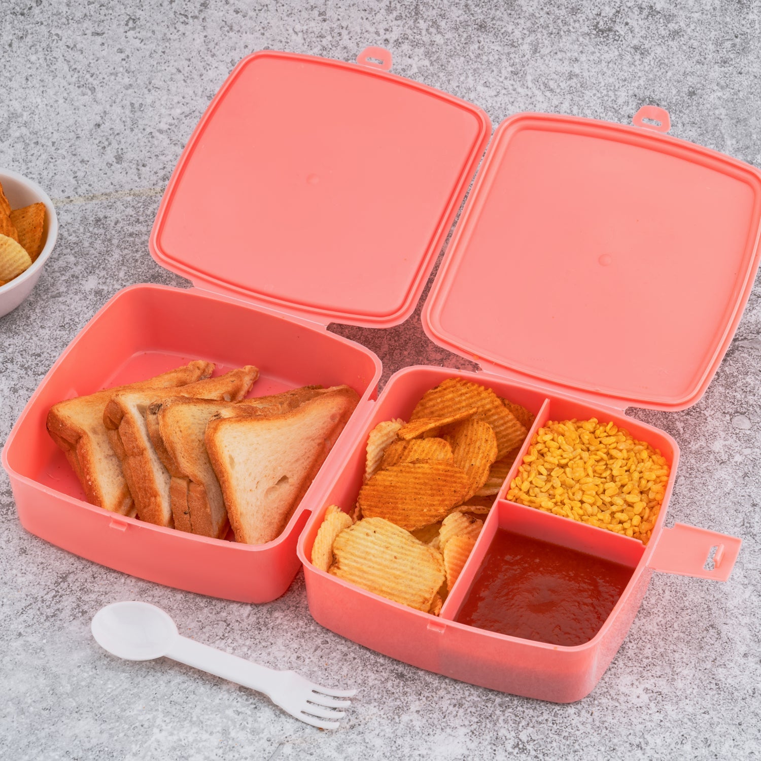 5787 Double-Layer Square Lunch Box with  Spoon , 4 Compartment Tiffin & Push Lock , Plastic Tiffin Box for Travelling, School Kids & Office Exclusive, Home Eshaan Traders